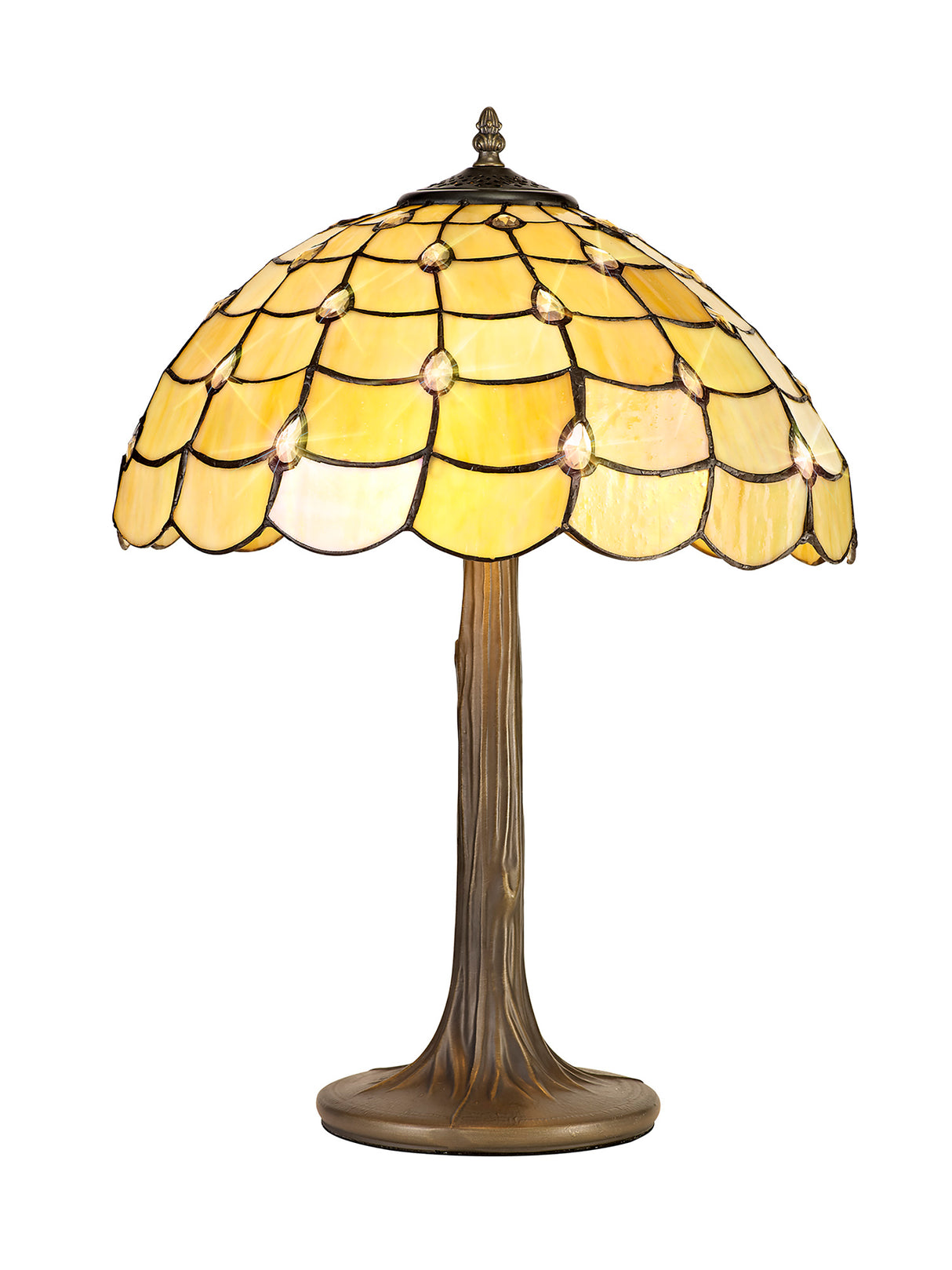 Finney 2 Light Tree Like Table Lamp E27 With 40cm Tiffany Shade, Beige/Clear Crystal/Aged Antique Brass