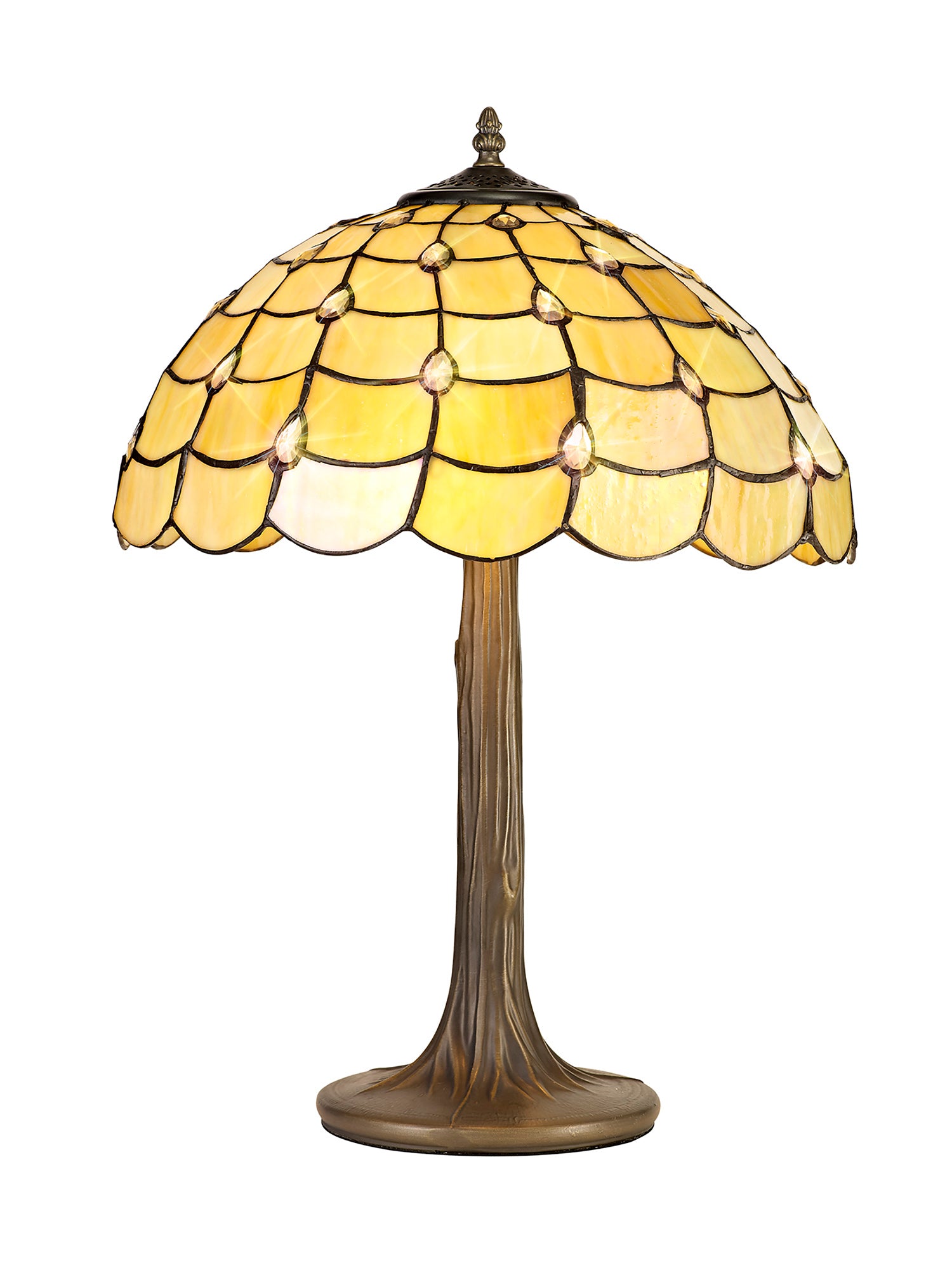 Finney 2 Light Tree Like Table Lamp E27 With 40cm Tiffany Shade, Beige/Clear Crystal/Aged Antique Brass