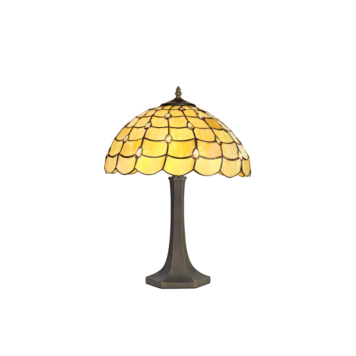 Finney 2 Light Octagonal Table Lamp E27 With 40cm Tiffany Shade, Beige/Clear Crystal/Aged Antique Brass