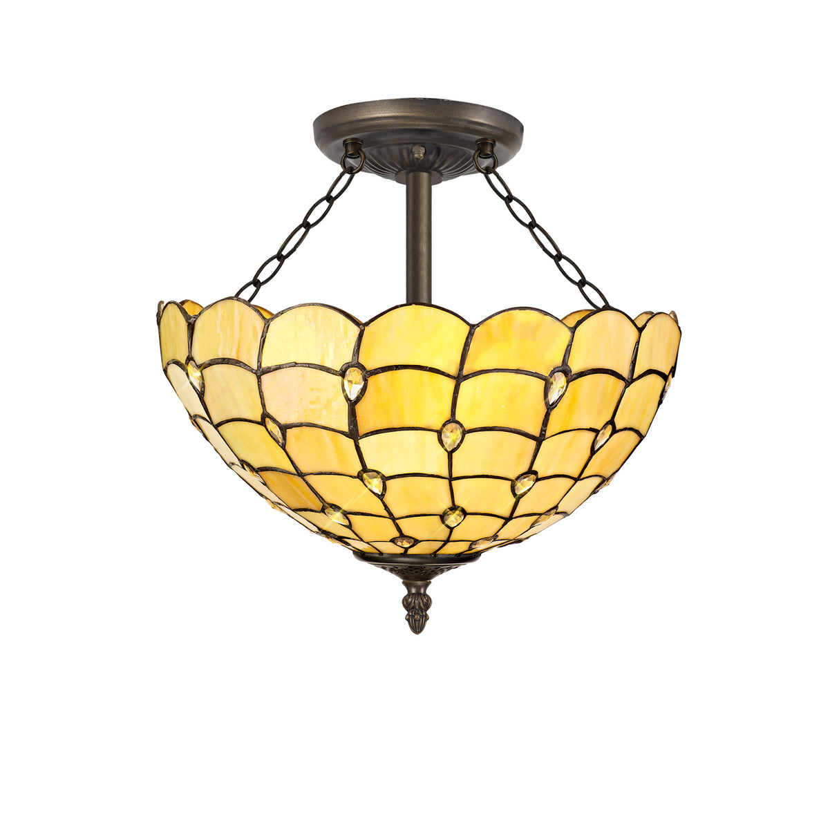 Finney 3 Light Semi Flush E27 With 40cm Tiffany Shade, Beige/Clear Crystal/Aged Antique Brass
