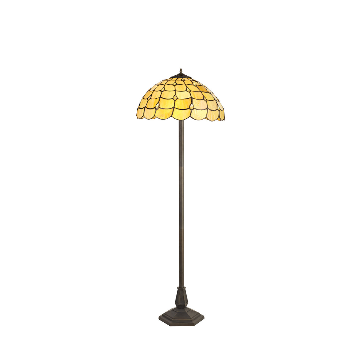 Finney 2 Light Octagonal Floor Lamp E27 With 40cm Tiffany Shade, Beige/Clear Crystal/Aged Antique Brass