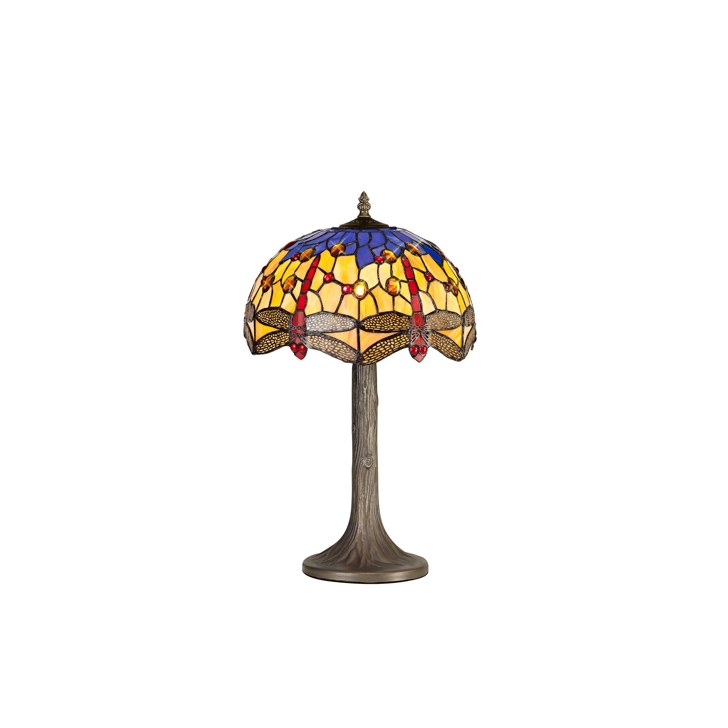 Hinnigan 1 Light Tree Like Table Lamp E27 With 30cm Tiffany Shade, Blue/Orange/Crystal/Aged Antique Brass