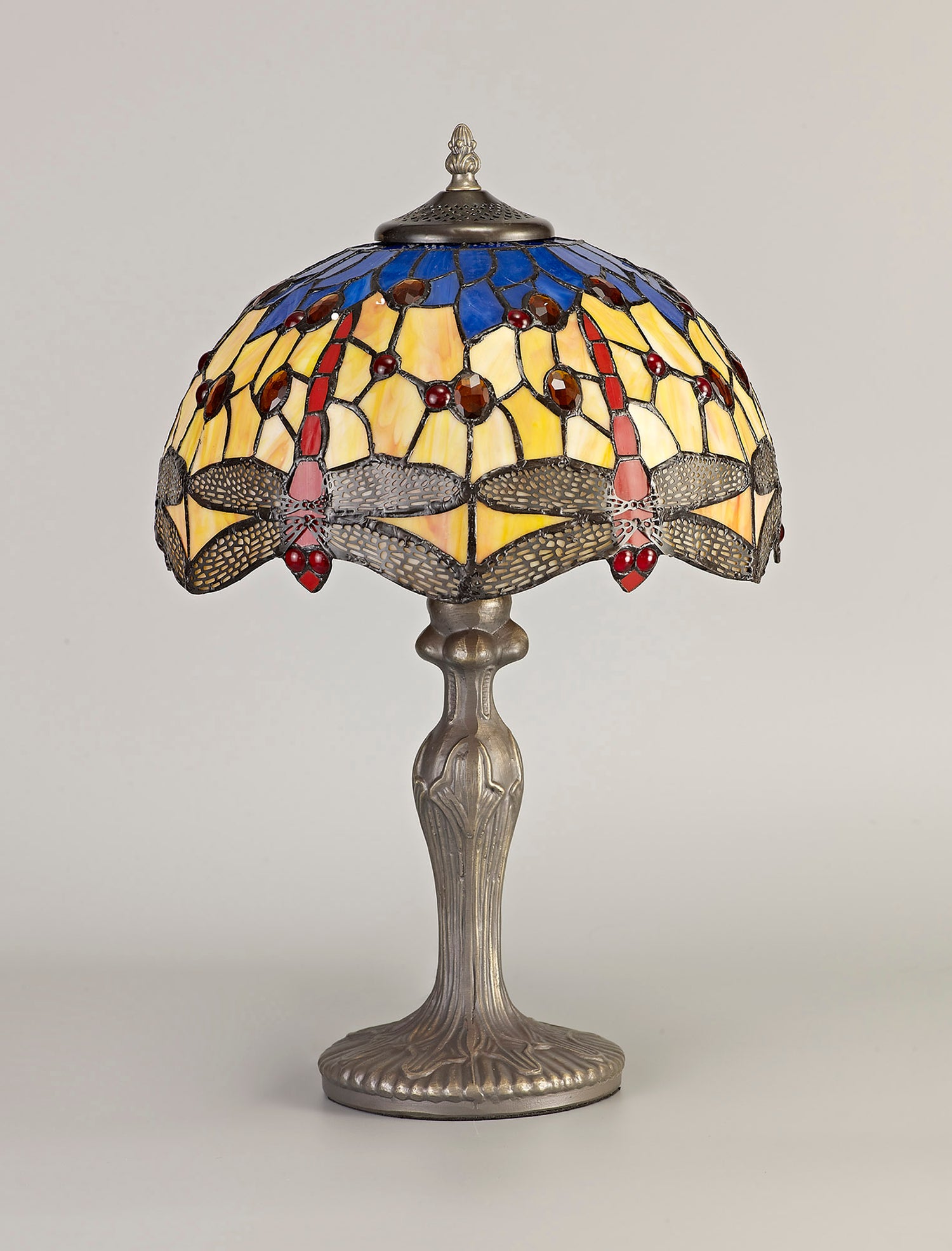 Hinnigan 1 Light Curved Table Lamp E27 With 30cm Tiffany Shade, Blue/Orange/Crystal/Aged Antique Brass