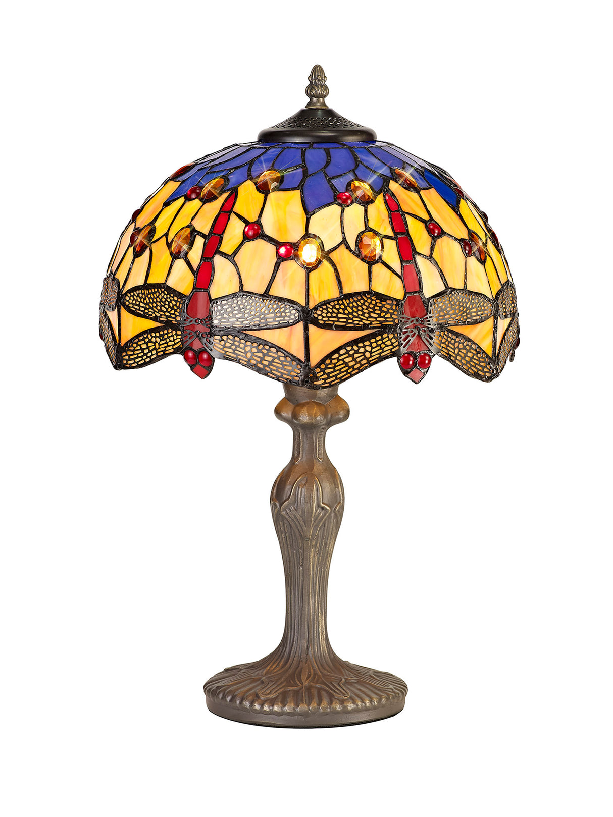 Hinnigan 1 Light Curved Table Lamp E27 With 30cm Tiffany Shade, Blue/Orange/Crystal/Aged Antique Brass