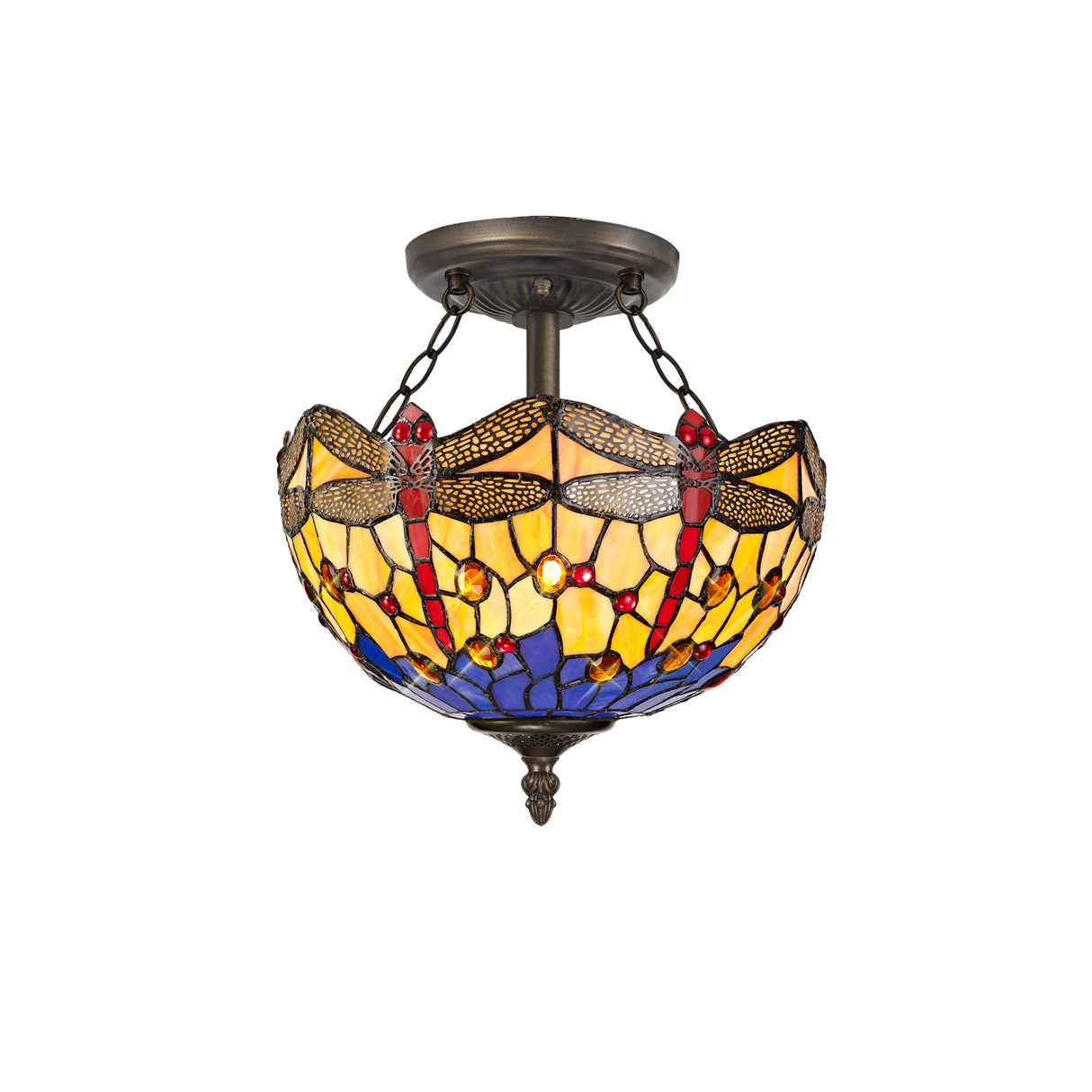 Hinnigan 2 Light Semi Flush E27 With 30cm Tiffany Shade, Blue/Orange/Crystal/Aged Antique Brass