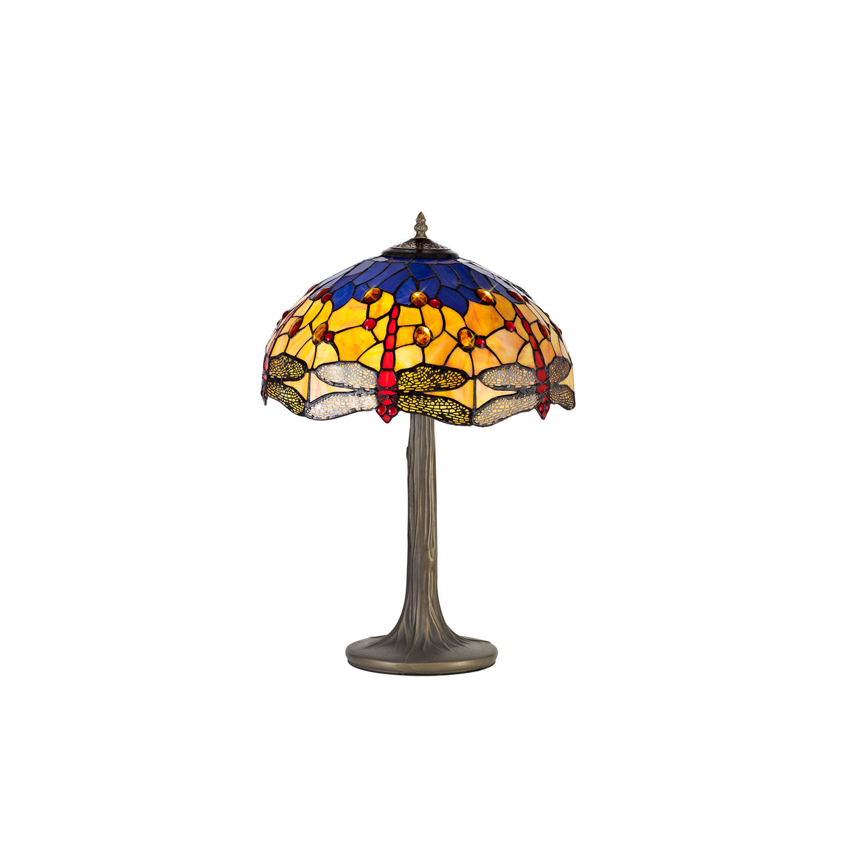 Hinnigan 2 Light Tree Like Table Lamp E27 With 40cm Tiffany Shade, Blue/Orange/Crystal/Aged Antique Brass