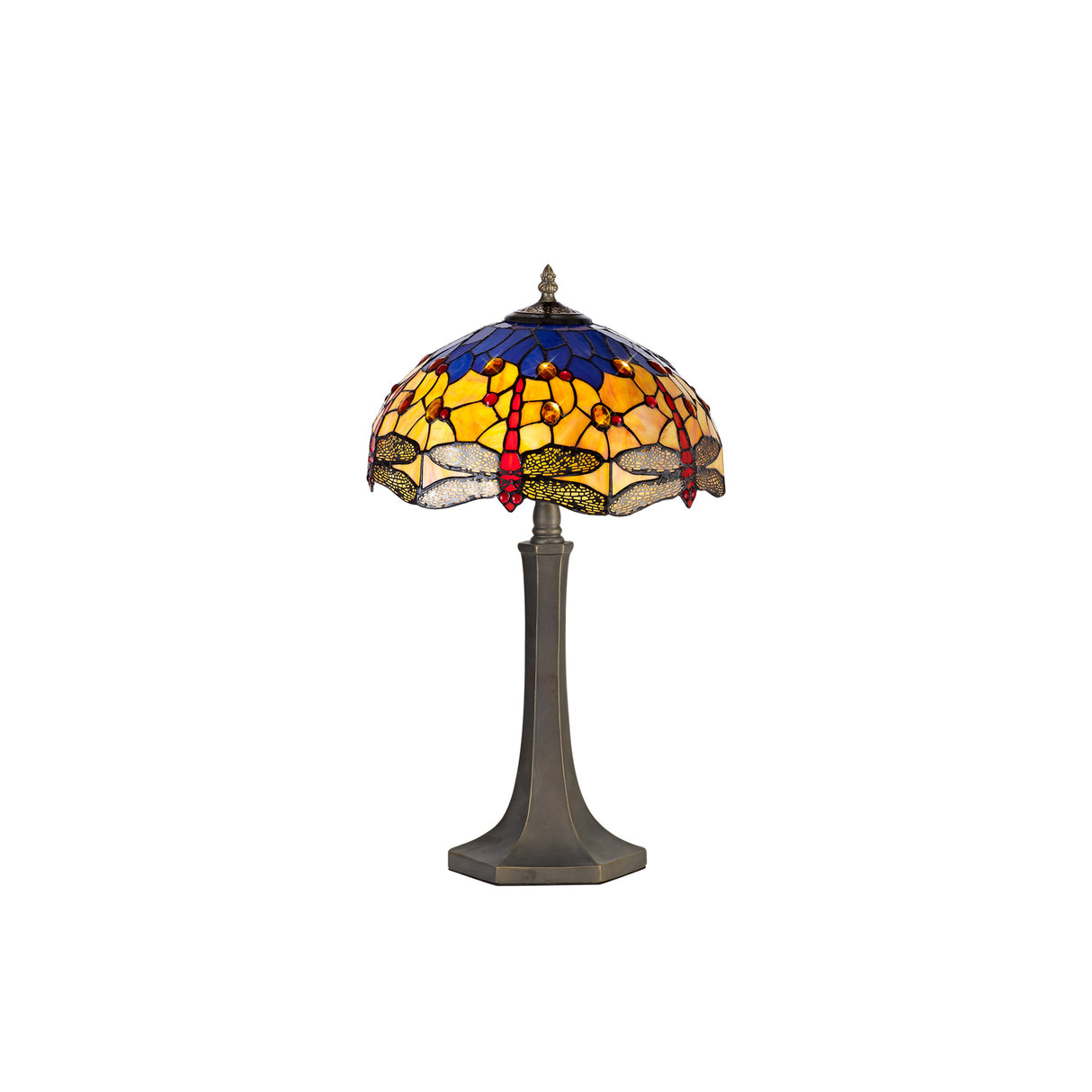 Hinnigan 2 Light Octagonal Table Lamp E27 With 40cm Tiffany Shade, Blue/Orange/Crystal/Aged Antique Brass
