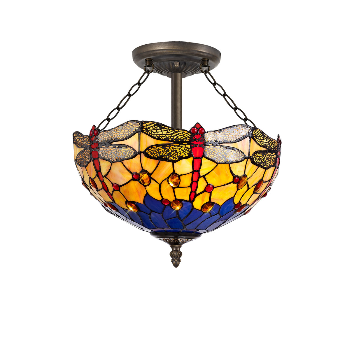 Hinnigan 3 Light Semi Flush E27 With 40cm Tiffany Shade, Blue/Orange/Crystal/Aged Antique Brass