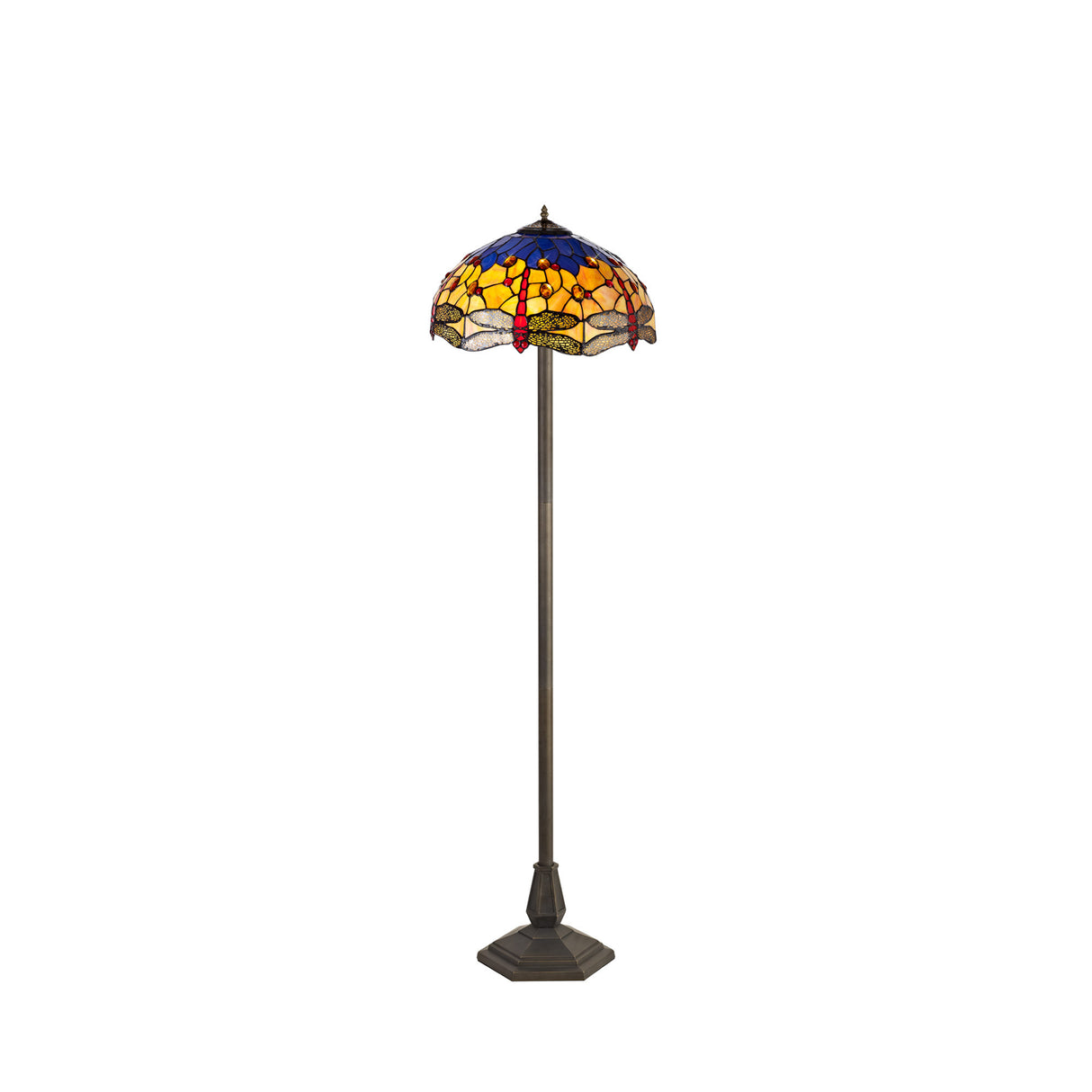 Hinnigan 2 Light Octagonal Floor Lamp E27 With 40cm Tiffany Shade, Blue/Orange/Crystal/Aged Antique Brass