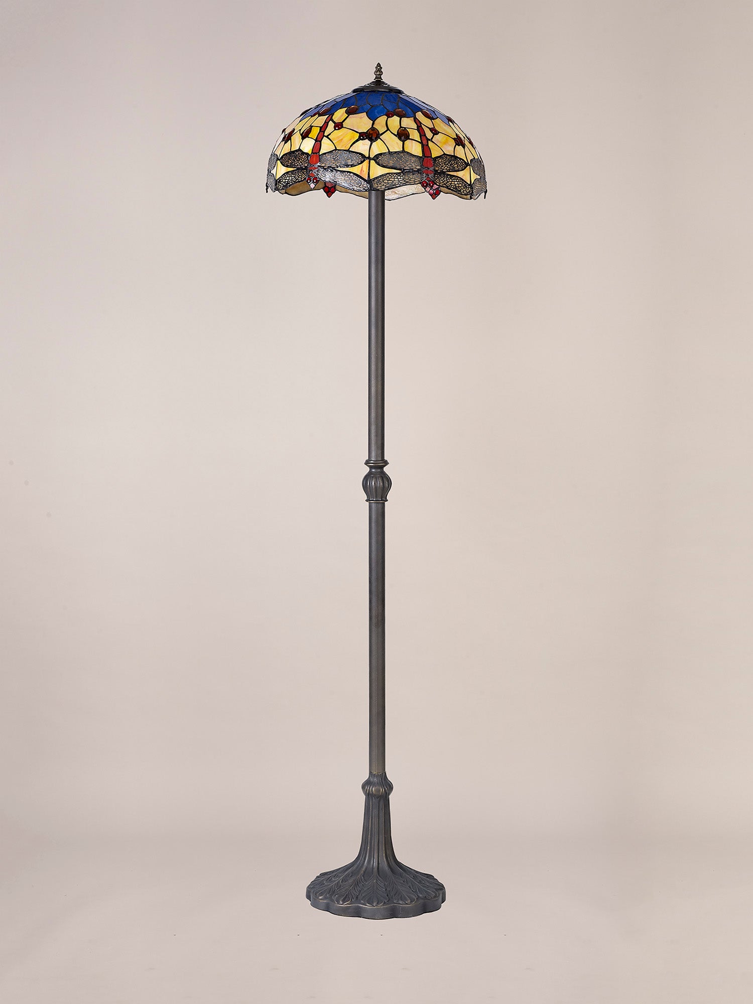 Hinnigan 2 Light Leaf Design Floor Lamp E27 With 40cm Tiffany Shade, Blue/Orange/Crystal/Aged Antique Brass