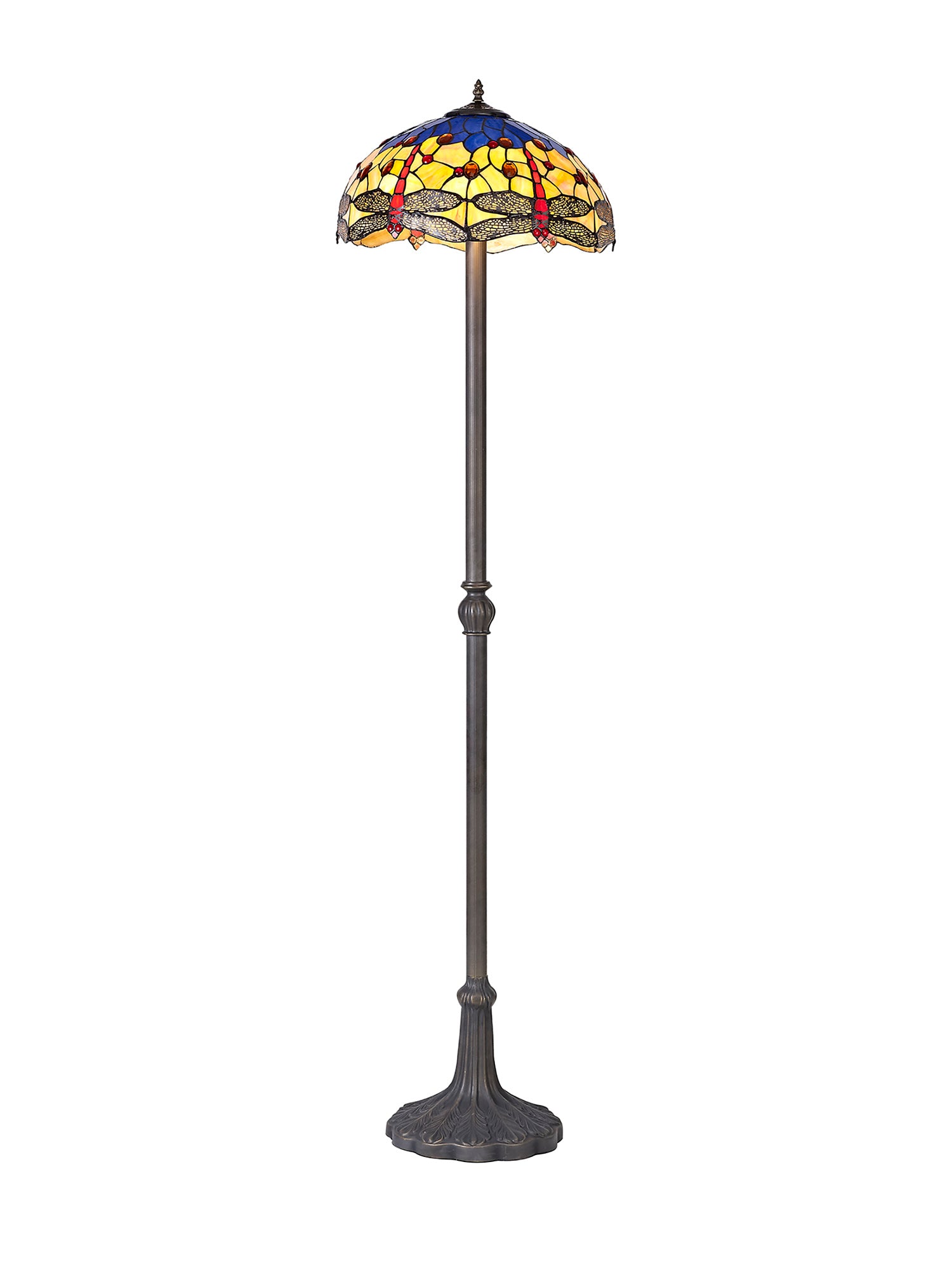 Hinnigan 2 Light Leaf Design Floor Lamp E27 With 40cm Tiffany Shade, Blue/Orange/Crystal/Aged Antique Brass