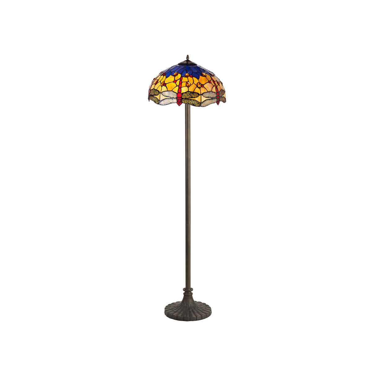 Hinnigan 2 Light Stepped Design Floor Lamp E27 With 40cm Tiffany Shade, Blue/Orange/Crystal/Aged Antique Brass