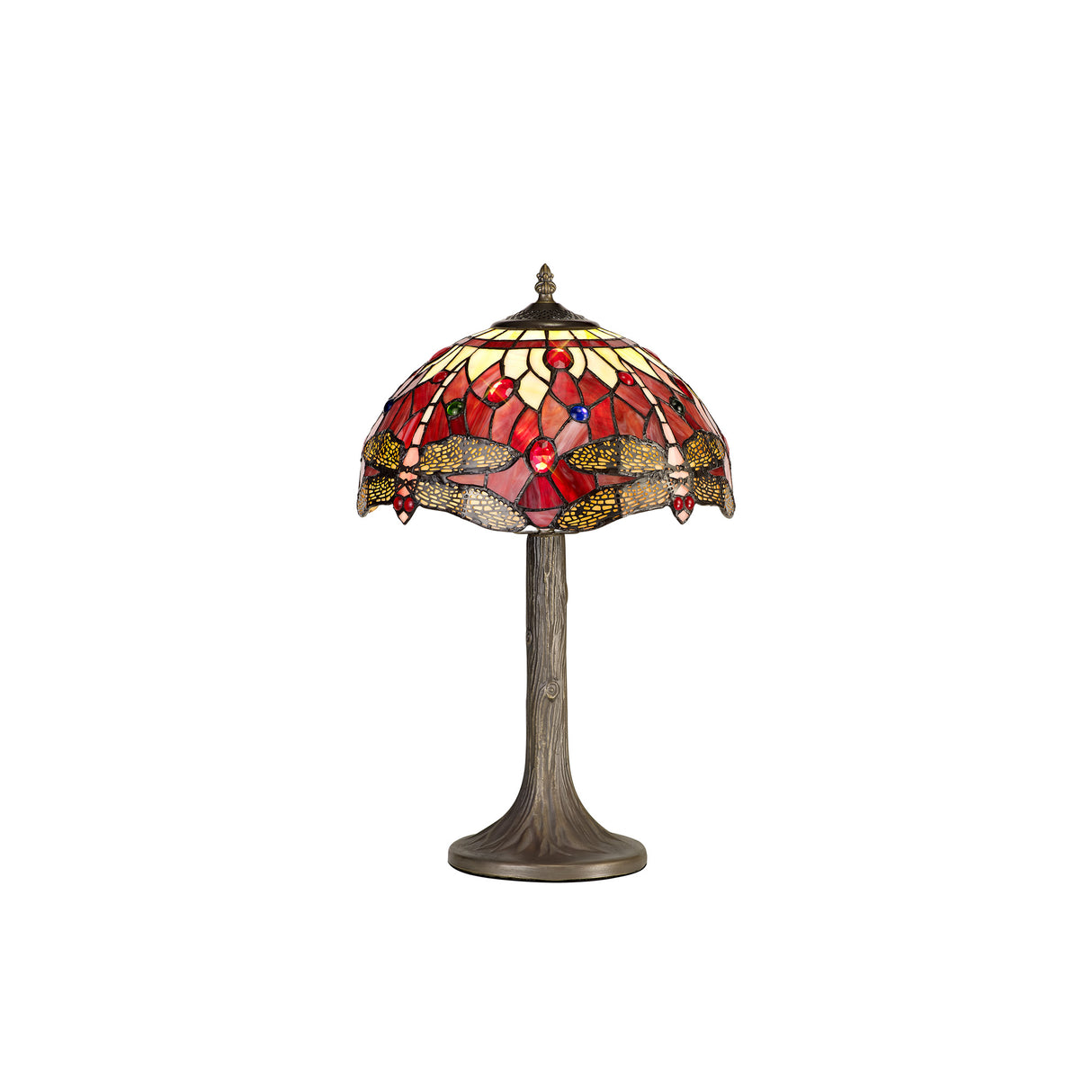 Hinnigan 1 Light Tree Like Table Lamp E27 With 30cm Tiffany Shade, Purple/Pink/Crystal/Aged Antique Brass