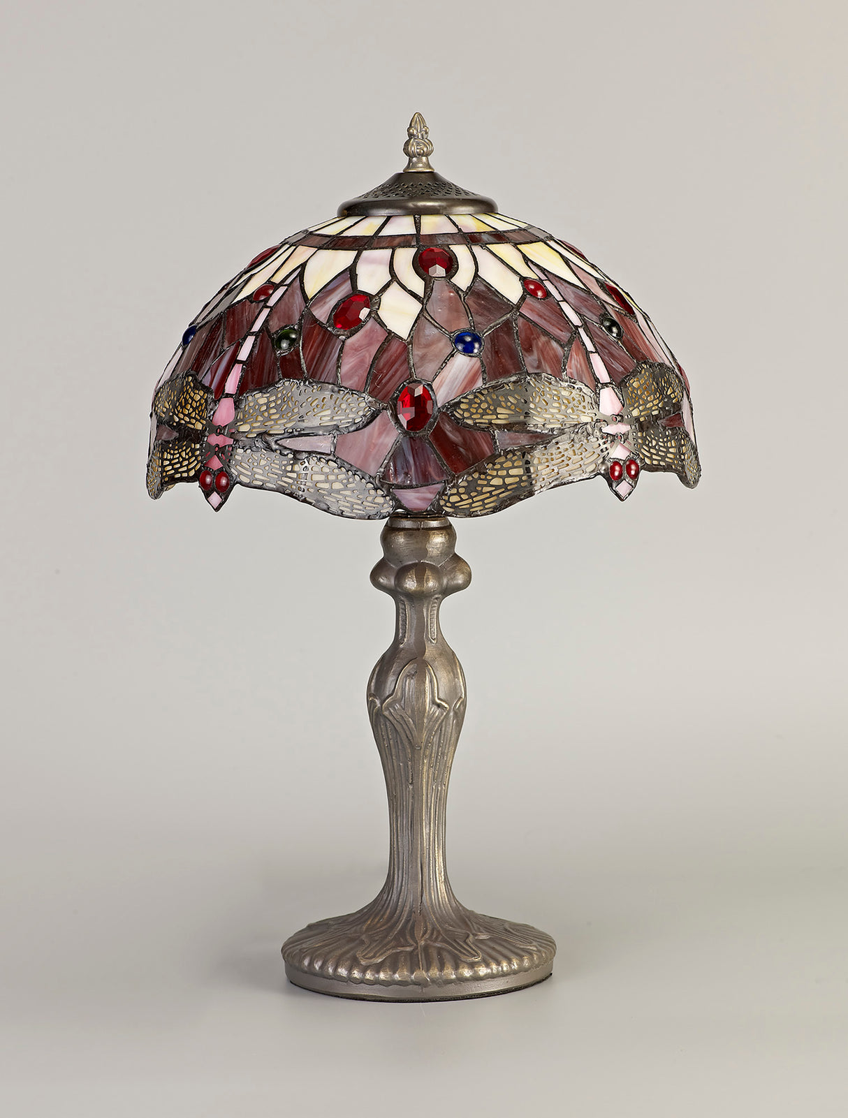 Hinnigan 1 Light Curved Table Lamp E27 With 30cm Tiffany Shade, Purple/Pink/Crystal/Aged Antique Brass