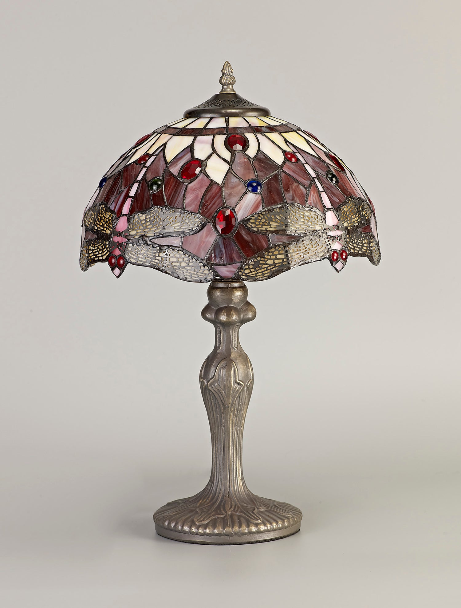 Hinnigan 1 Light Curved Table Lamp E27 With 30cm Tiffany Shade, Purple/Pink/Crystal/Aged Antique Brass