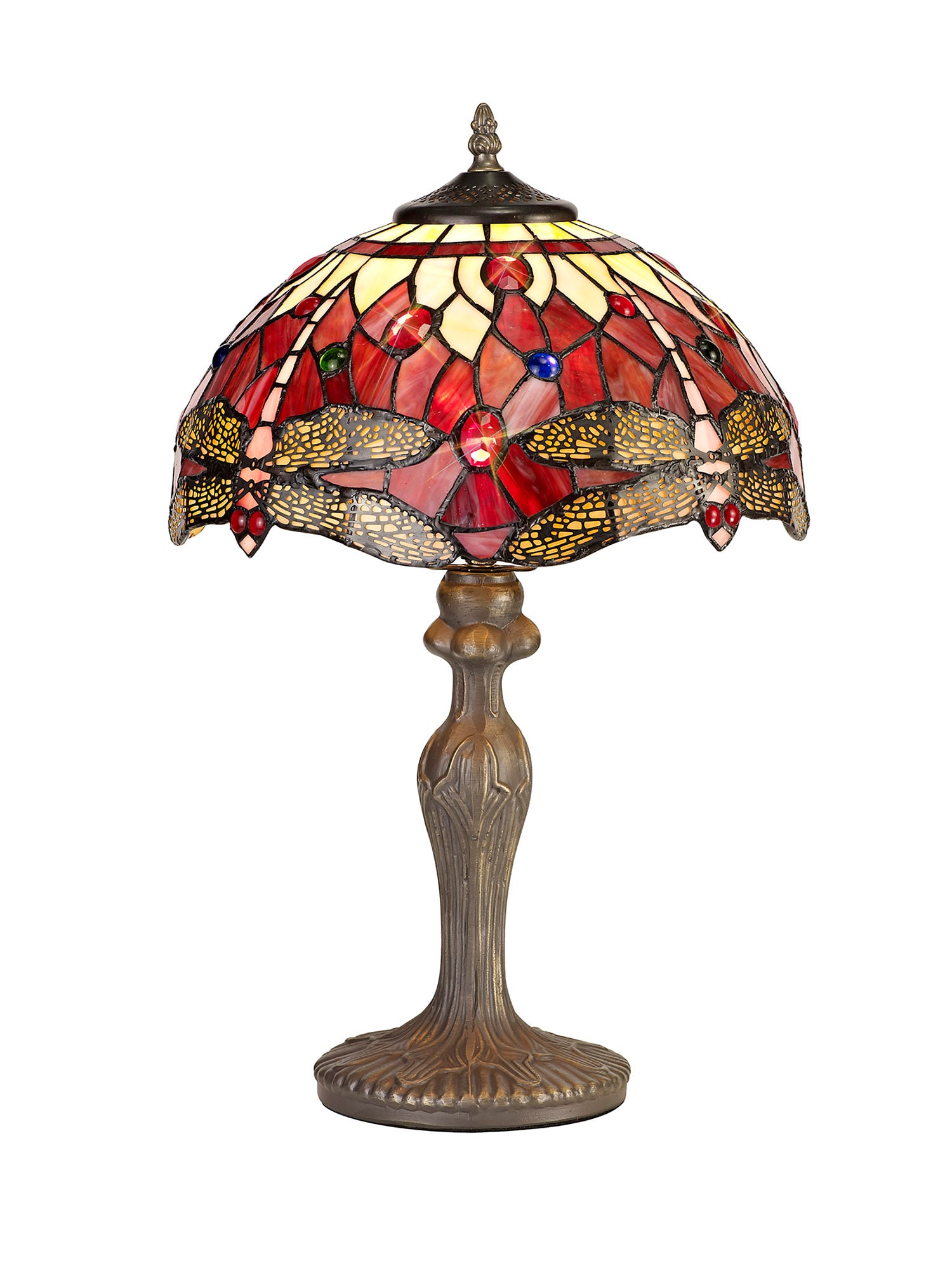 Hinnigan 1 Light Curved Table Lamp E27 With 30cm Tiffany Shade, Purple/Pink/Crystal/Aged Antique Brass