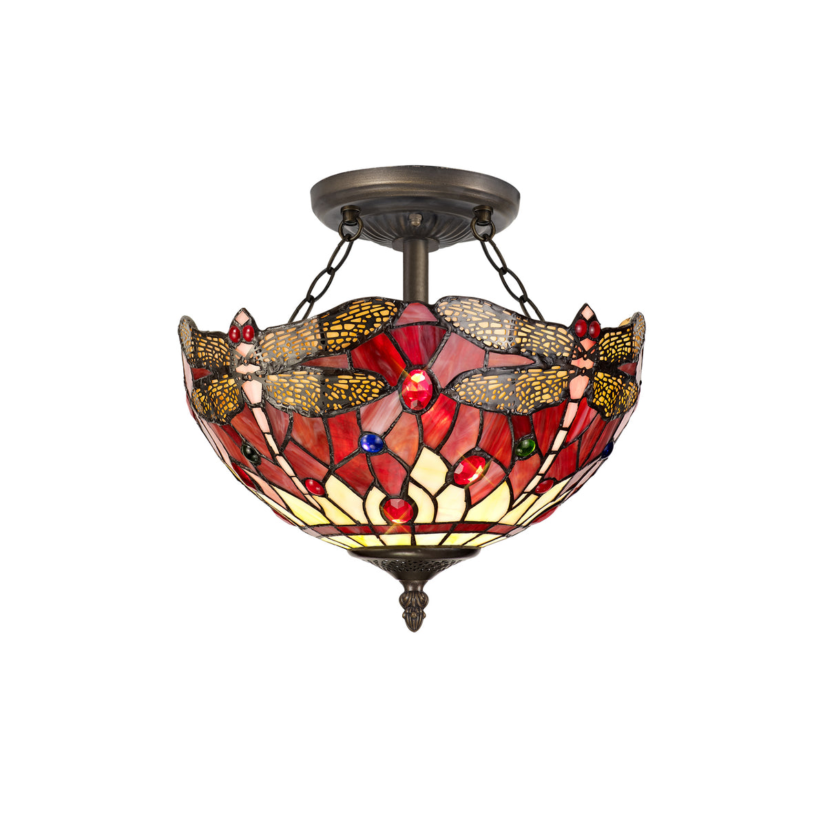Hinnigan 2 Light Semi Flush E27 With 30cm Tiffany Shade, Purple/Pink/Crystal/Aged Antique Brass