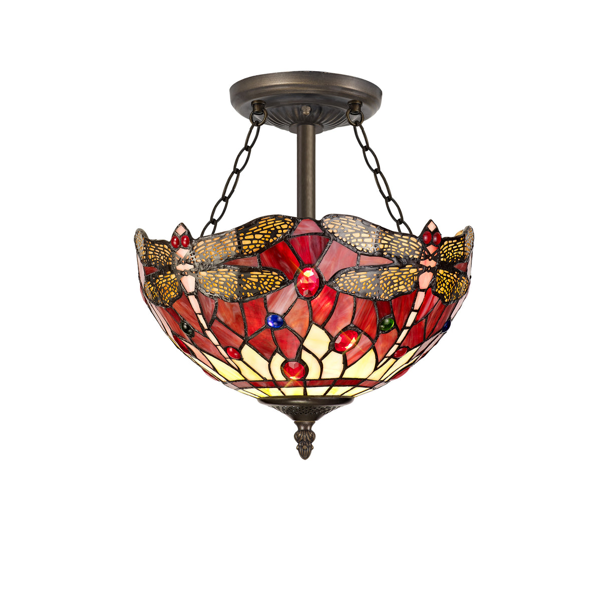 Hinnigan 3 Light Semi Flush E27 With 30cm Tiffany Shade, Purple/Pink/Crystal/Aged Antique Brass
