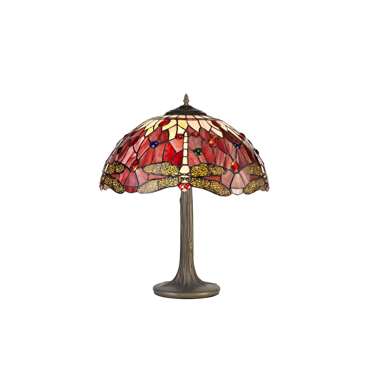 Hinnigan 2 Light Tree Like Table Lamp E27 With 40cm Tiffany Shade, Purple/Pink/Crystal/Aged Antique Brass