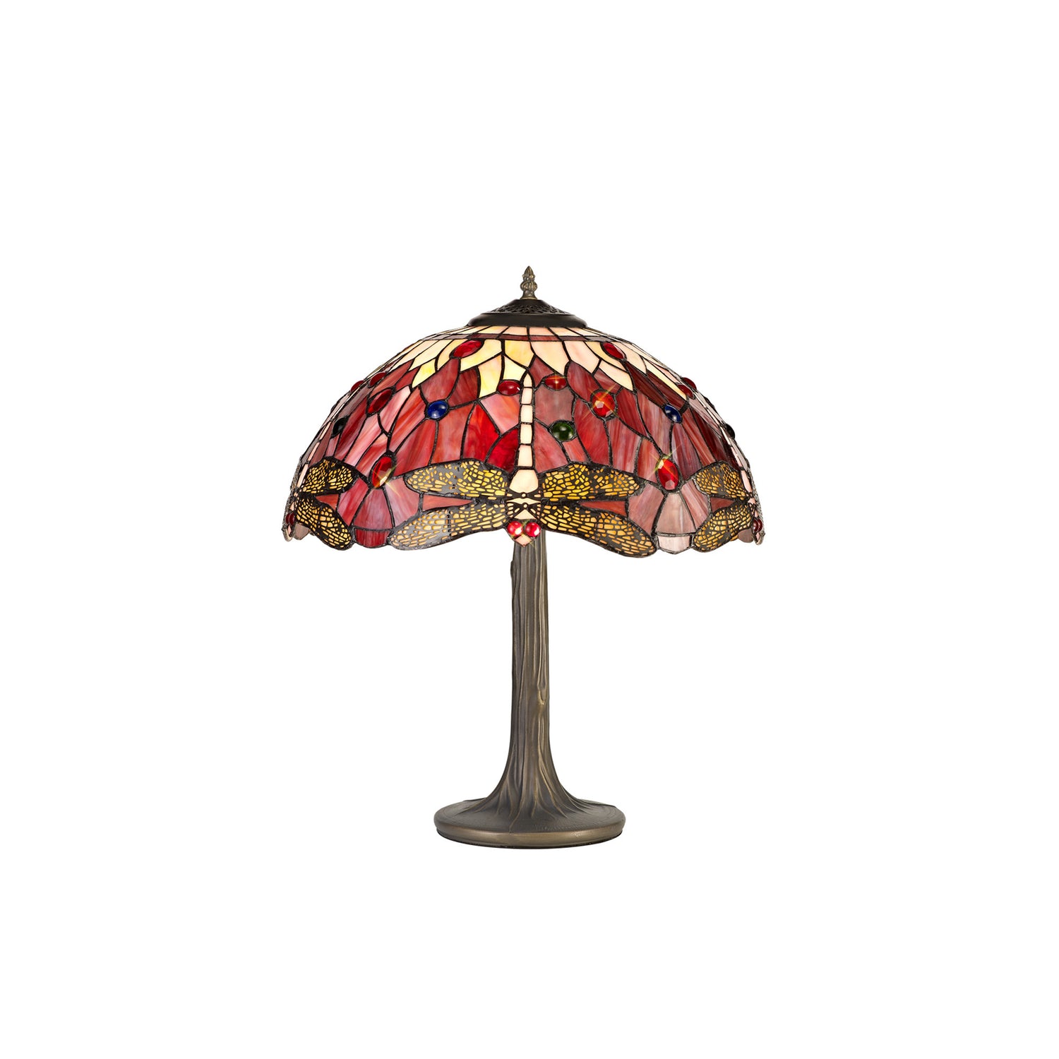 Hinnigan 2 Light Tree Like Table Lamp E27 With 40cm Tiffany Shade, Purple/Pink/Crystal/Aged Antique Brass