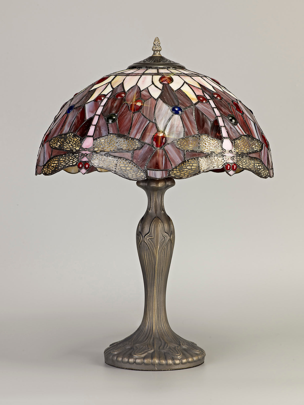 Hinnigan 2 Light Curved Table Lamp E27 With 40cm Tiffany Shade, Purple/Pink/Crystal/Aged Antique Brass