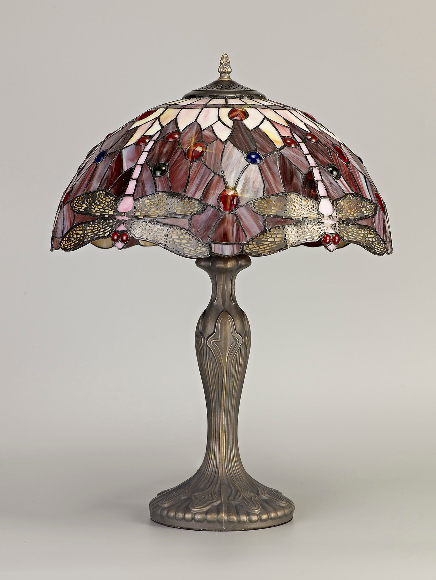 Hinnigan 2 Light Curved Table Lamp E27 With 40cm Tiffany Shade, Purple/Pink/Crystal/Aged Antique Brass