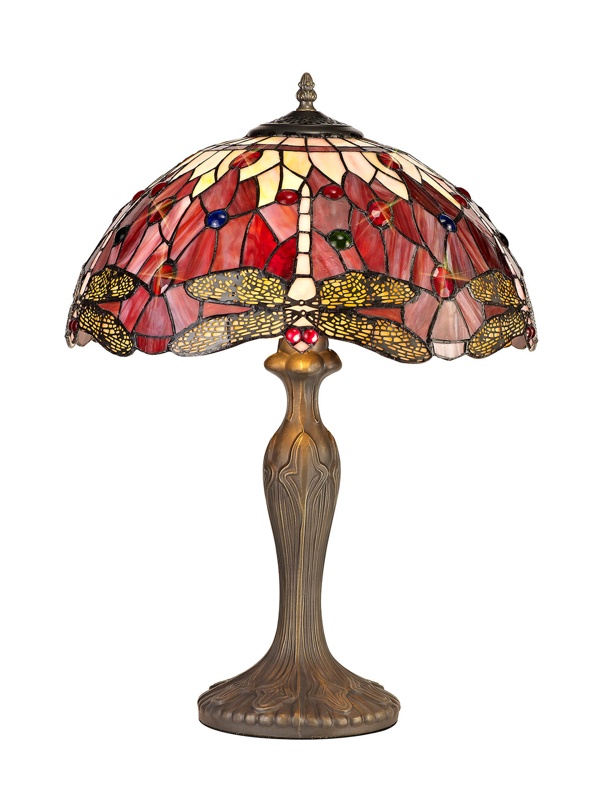 Hinnigan 2 Light Curved Table Lamp E27 With 40cm Tiffany Shade, Purple/Pink/Crystal/Aged Antique Brass