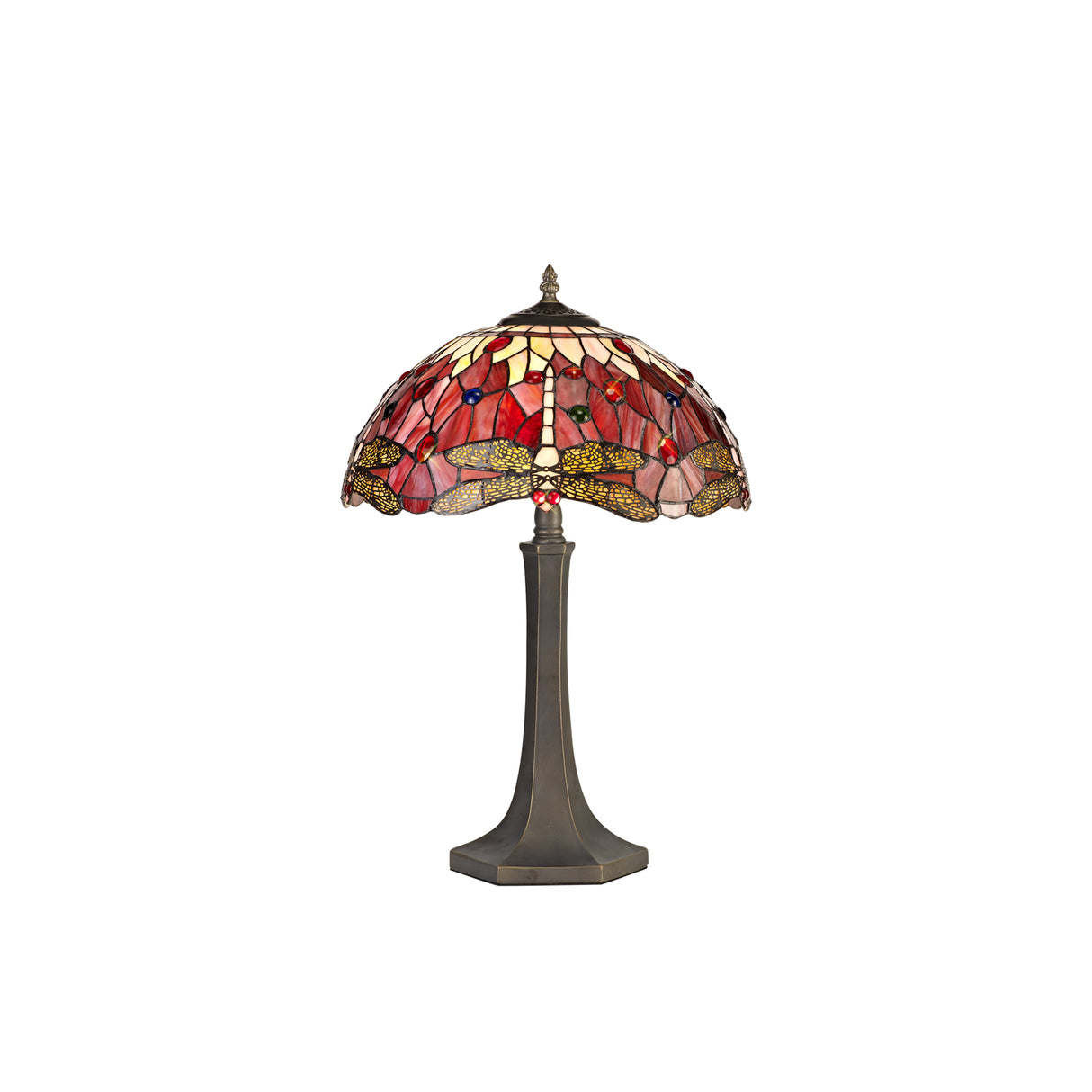 Hinnigan 2 Light Octagonal Table Lamp E27 With 40cm Tiffany Shade, Purple/Pink/Crystal/Aged Antique Brass
