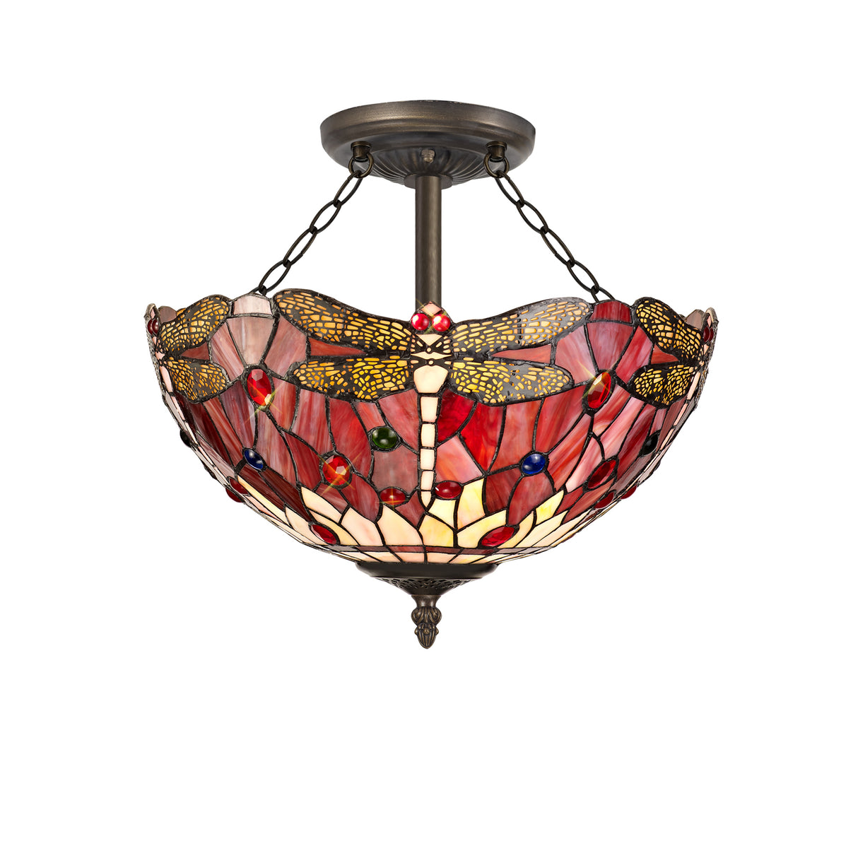 Hinnigan 3 Light Semi Flush E27 With 40cm Tiffany Shade, Purple/Pink/Crystal/Aged Antique Brass