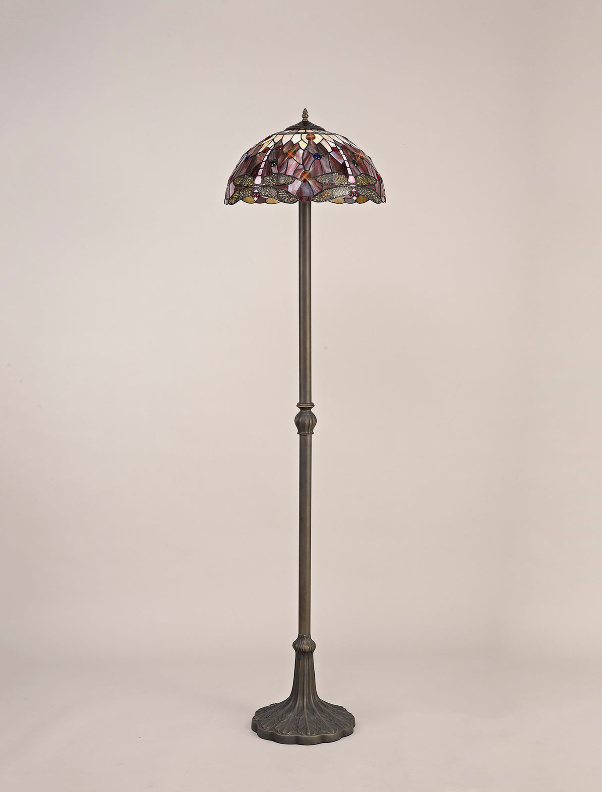 Hinnigan 2 Light Leaf Design Floor Lamp E27 With 40cm Tiffany Shade, Purple/Pink/Crystal/Aged Antique Brass