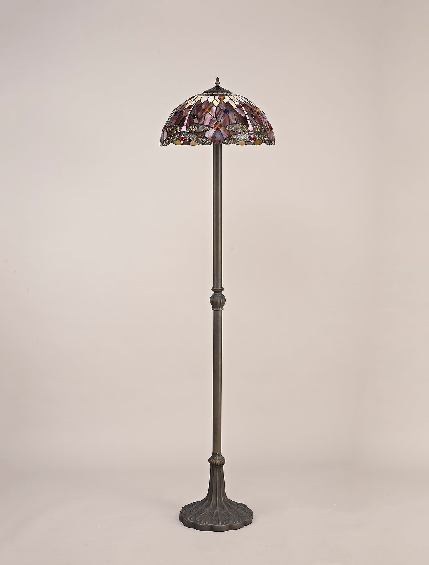 Hinnigan 2 Light Leaf Design Floor Lamp E27 With 40cm Tiffany Shade, Purple/Pink/Crystal/Aged Antique Brass