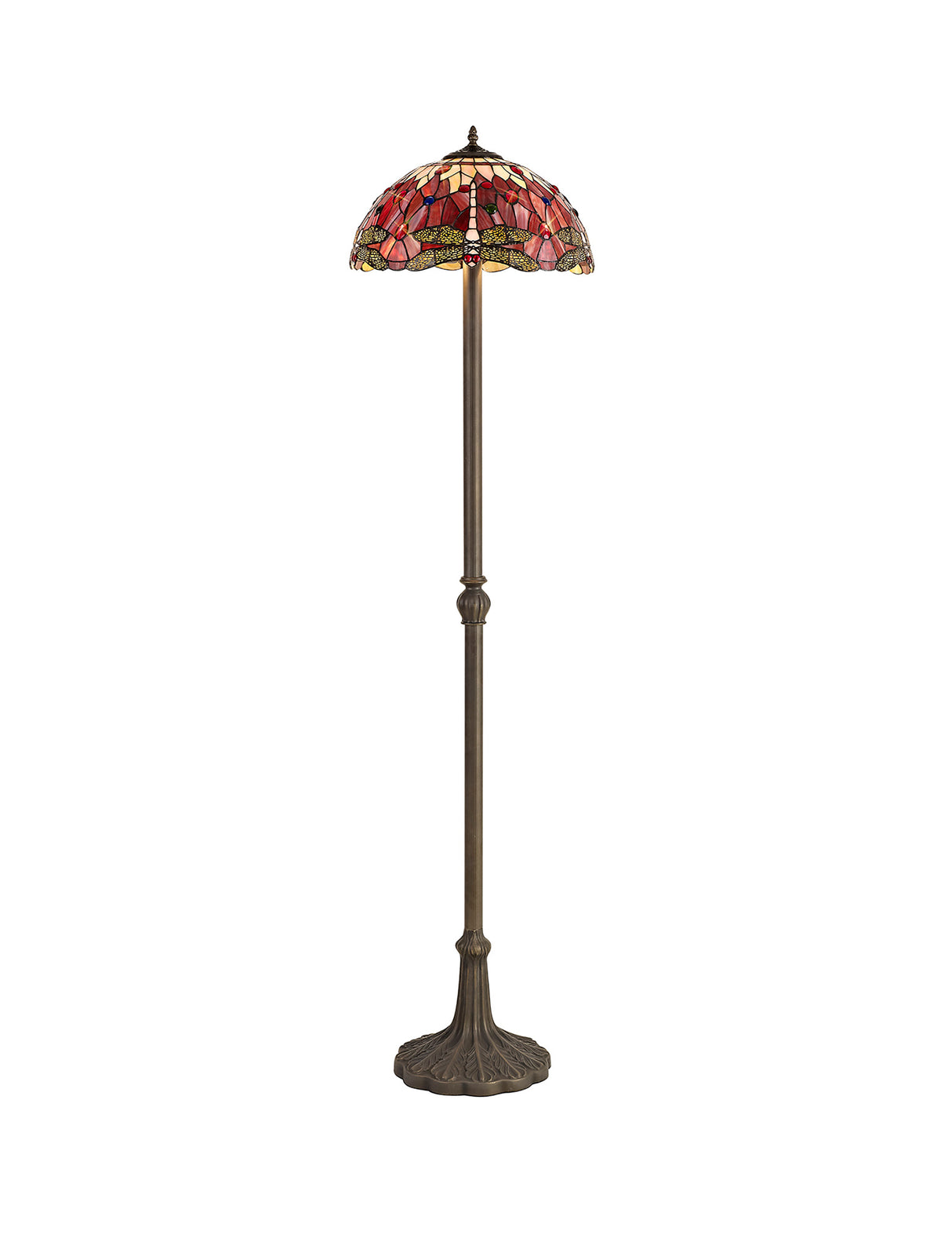 Hinnigan 2 Light Leaf Design Floor Lamp E27 With 40cm Tiffany Shade, Purple/Pink/Crystal/Aged Antique Brass