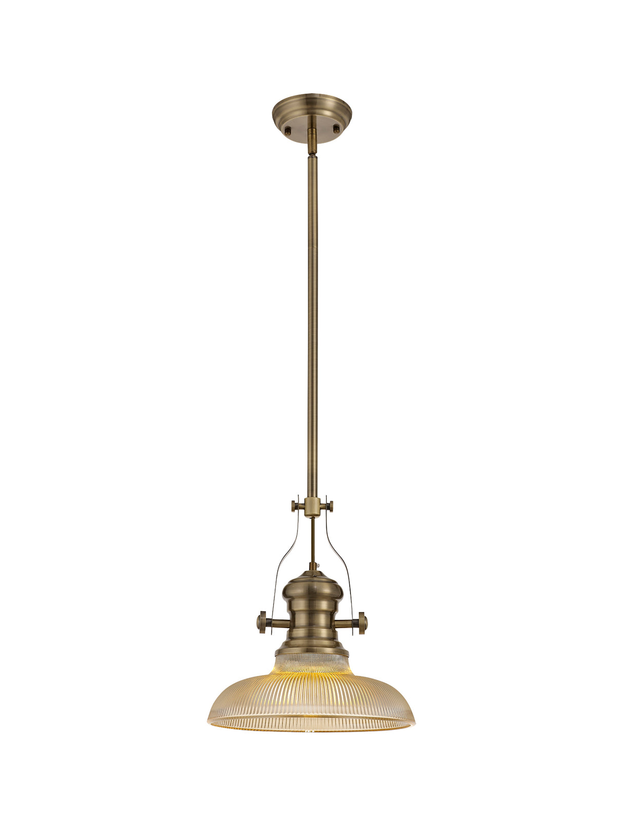 Munro 1 Light Pendant E27 With 30cm Round Glass Shade, Antique Brass/Amber