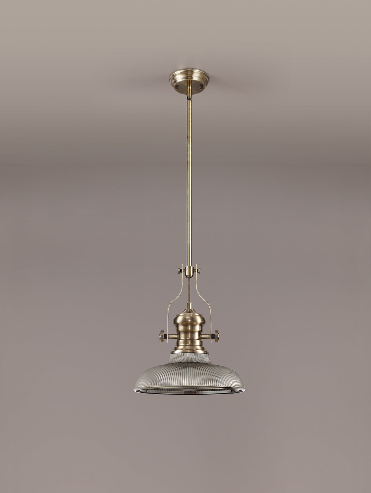 Munro 1 Light Pendant E27 With 30cm Round Glass Shade, Antique Brass/Smoked