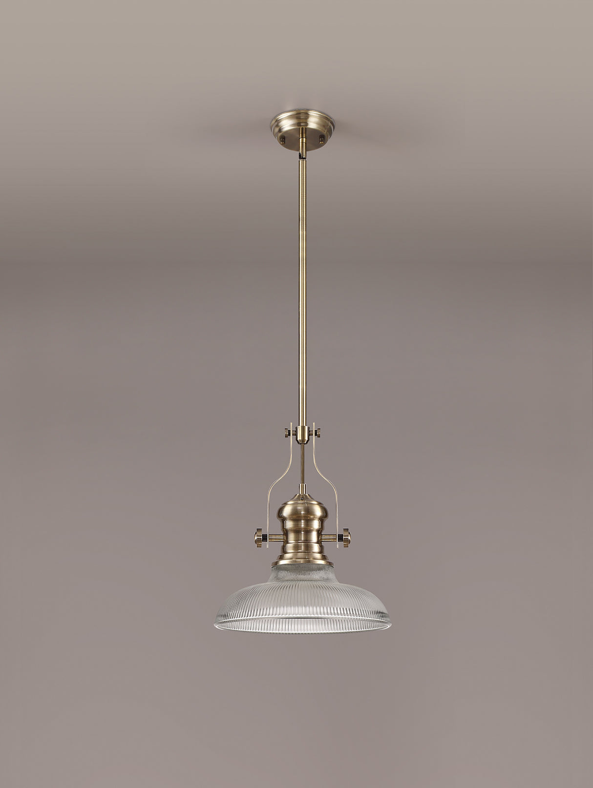 Munro 1 Light Pendant E27 With 30cm Round Glass Shade, Antique Brass/Clear