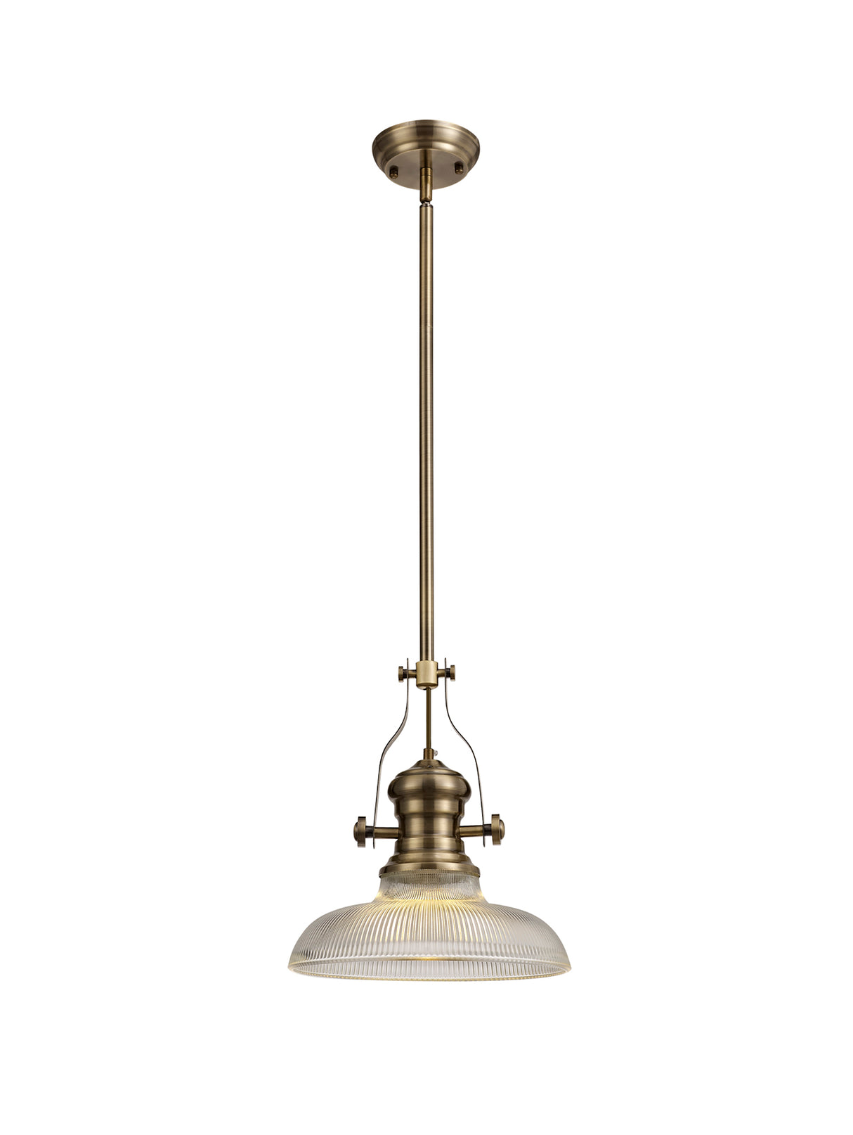 Munro 1 Light Pendant E27 With 30cm Round Glass Shade, Antique Brass/Clear