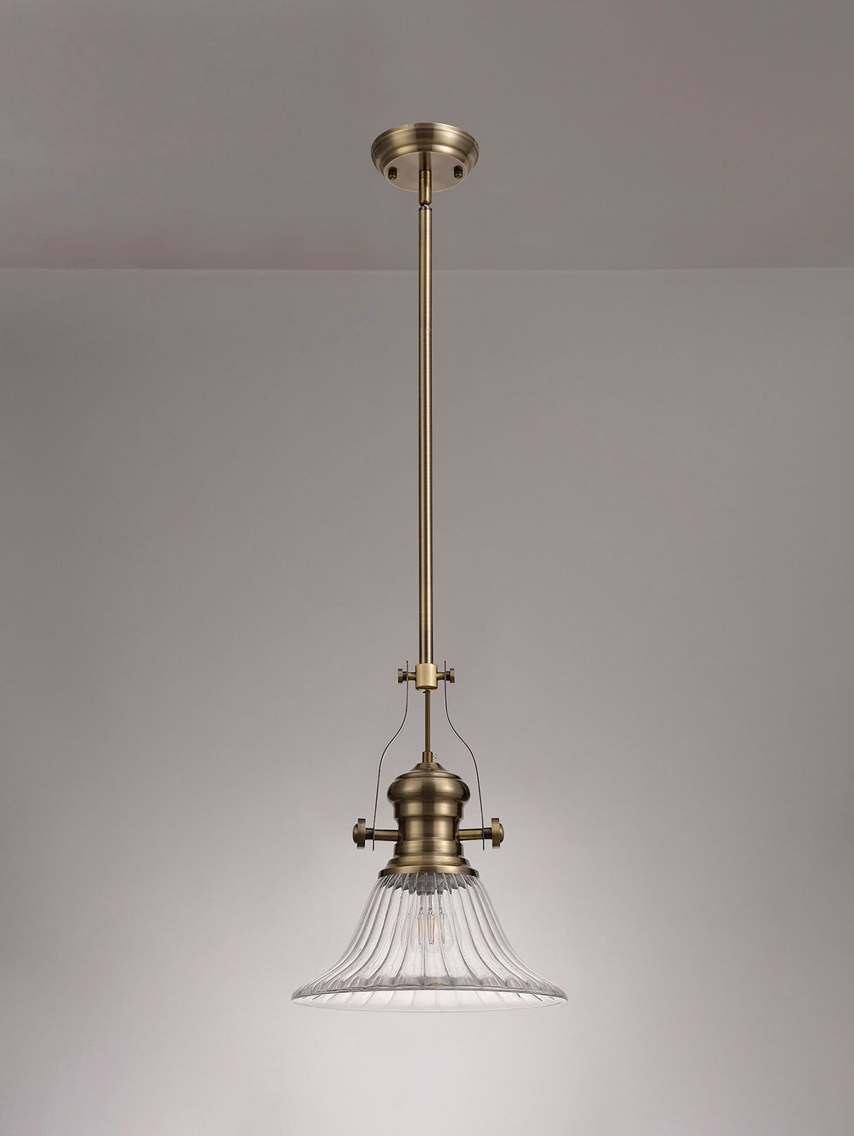 Munro 1 Light Pendant E27 With 30cm Bell Glass Shade, Antique Brass/Clear
