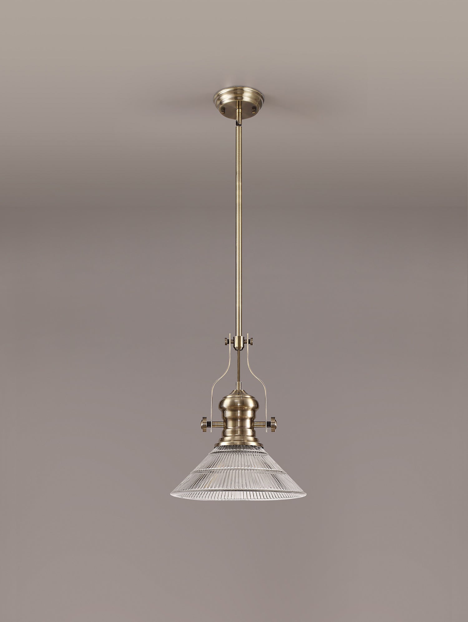Munro 1 Light Pendant E27 With 30cm Cone Glass Shade, Antique Brass/Clear