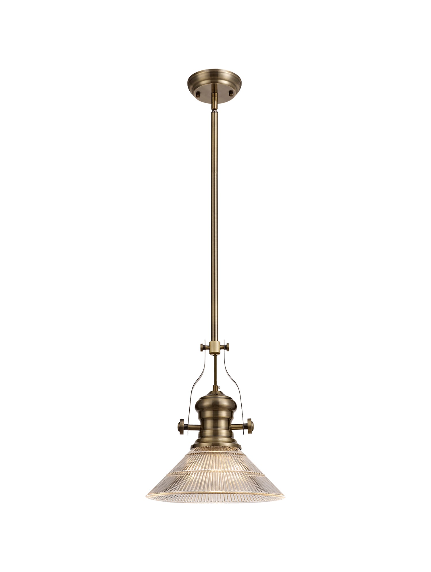 Munro 1 Light Pendant E27 With 30cm Cone Glass Shade, Antique Brass/Clear