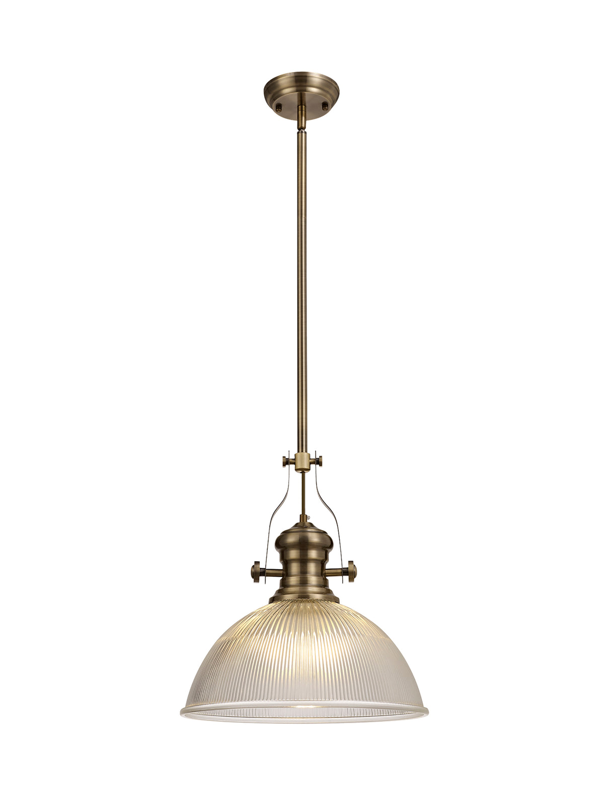 Munro 1 Light Pendant E27 With 38cm Dome Glass Shade, Antique Brass/Clear