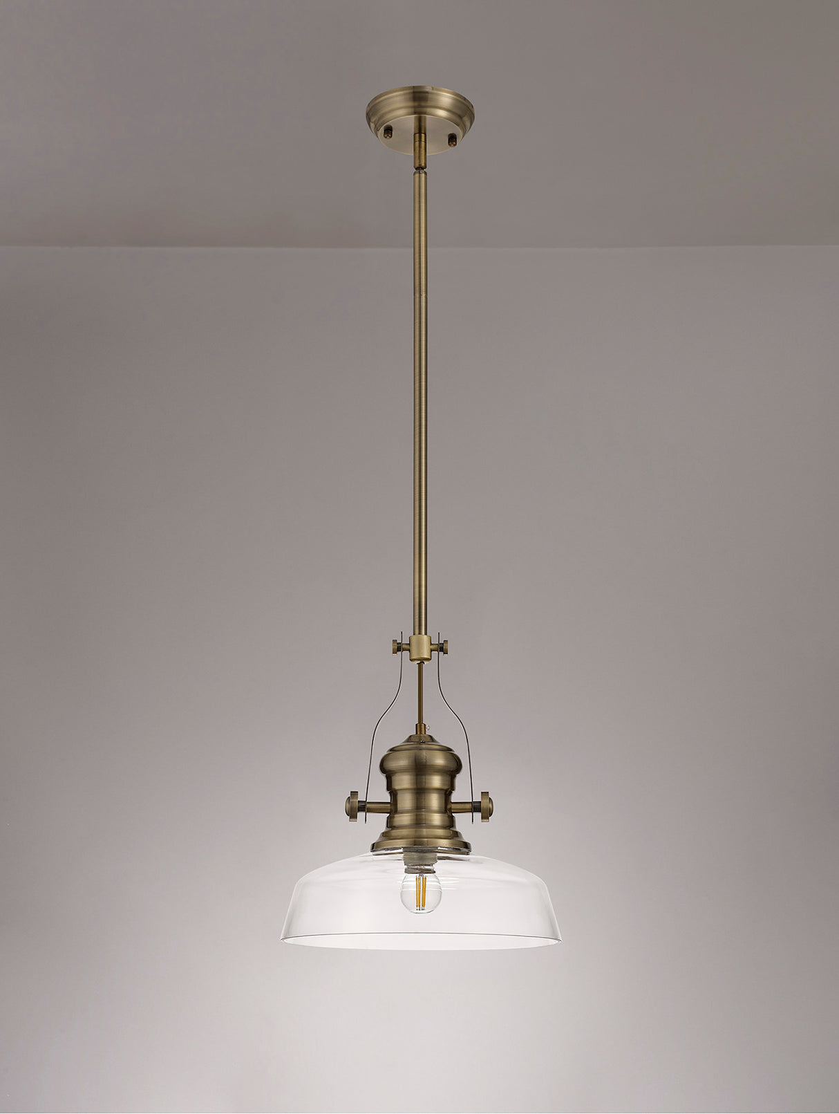 Munro 1 Light Pendant E27 With 30cm Flat Round Glass Shade, Antique Brass/Clear