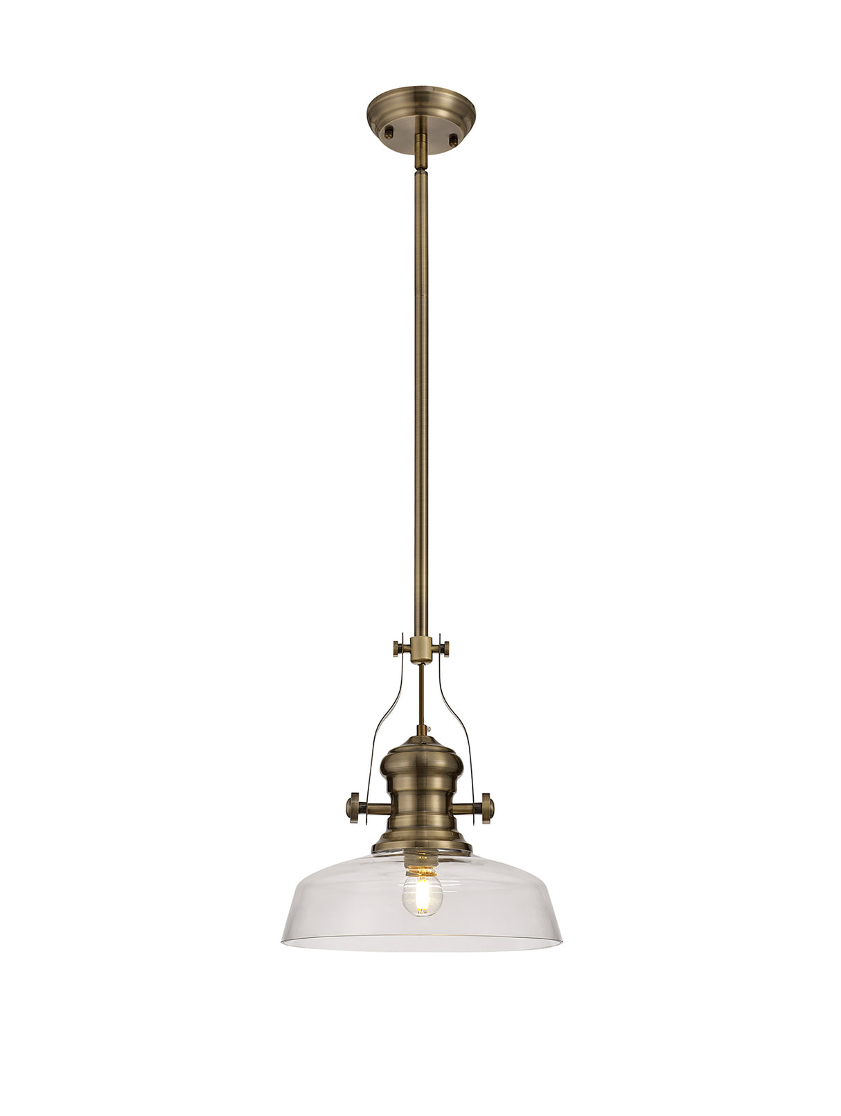 Munro 1 Light Pendant E27 With 30cm Flat Round Glass Shade, Antique Brass/Clear