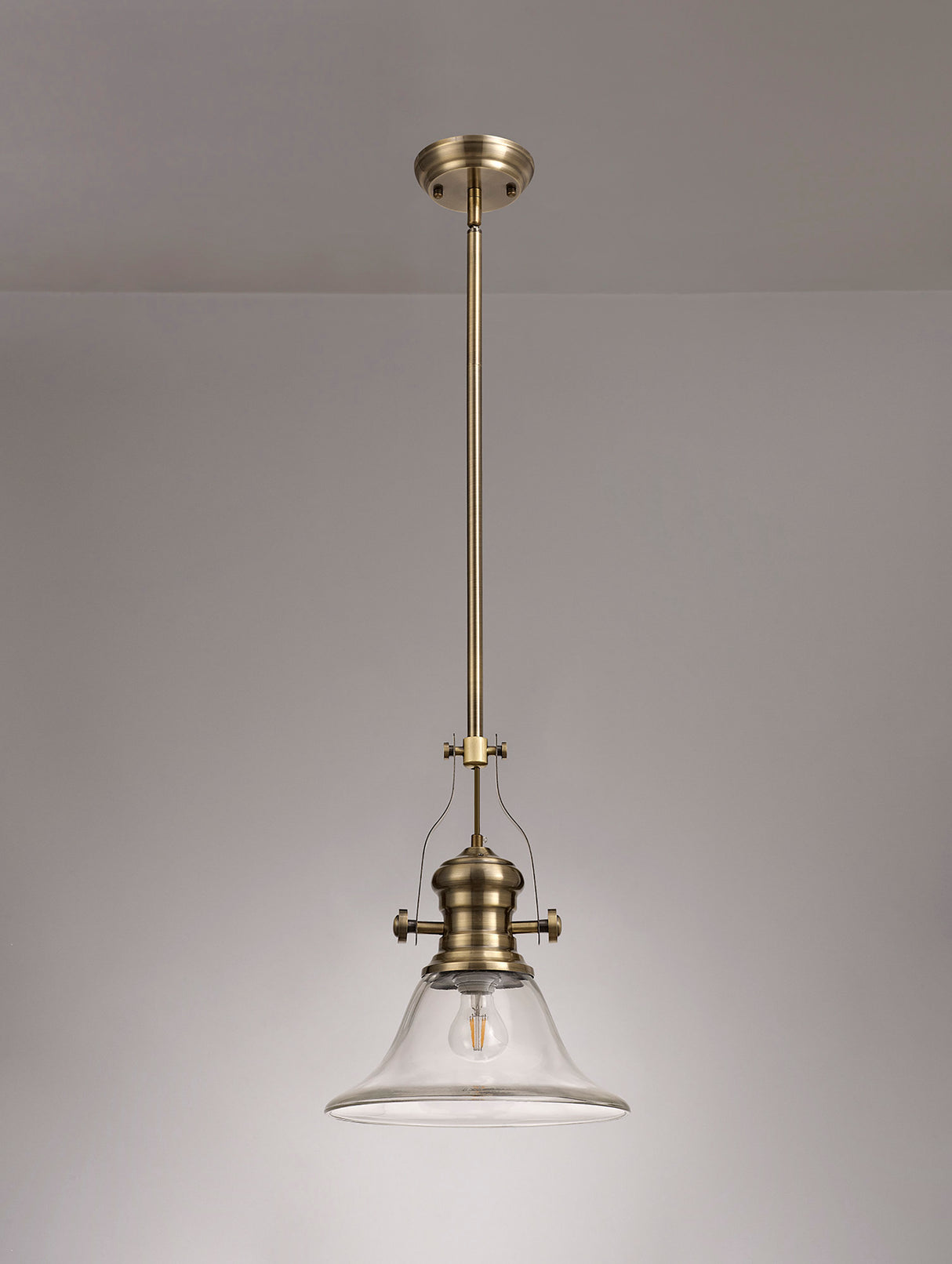 Munro 1 Light Pendant E27 With 30cm Smooth Bell Glass Shade, Antique Brass/Clear