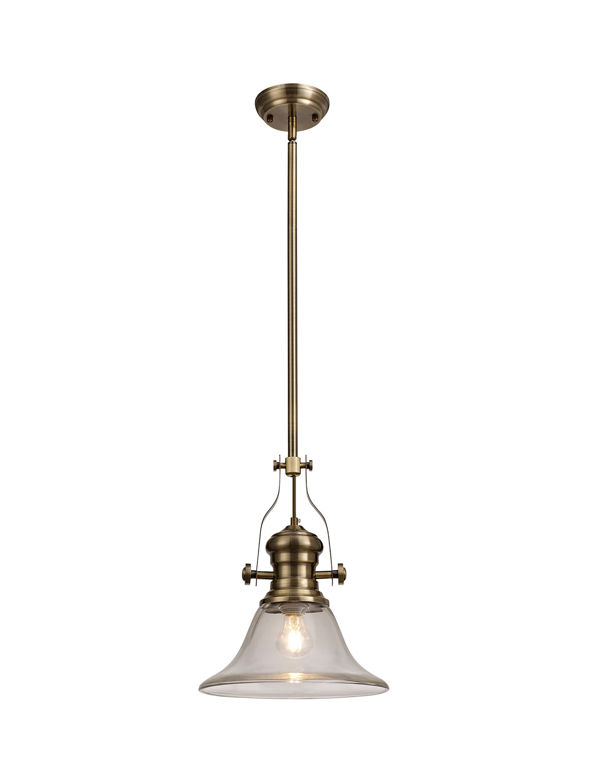Munro 1 Light Pendant E27 With 30cm Smooth Bell Glass Shade, Antique Brass/Clear
