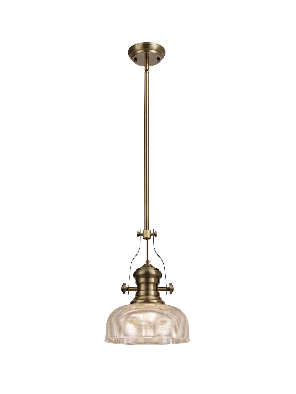 Munro 1 Light Pendant E27 With 26.5cm Prismatic Glass Shade, Antique Brass/Clear