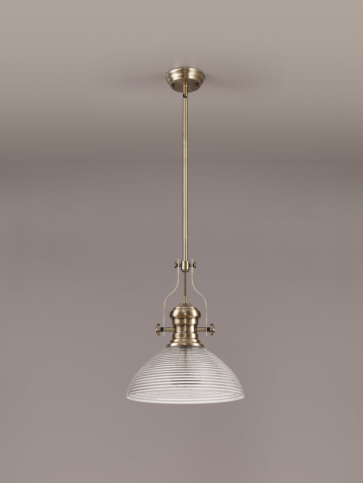 Munro 1 Light Pendant E27 With 33.5cm Prismatic Glass Shade, Antique Brass/Clear