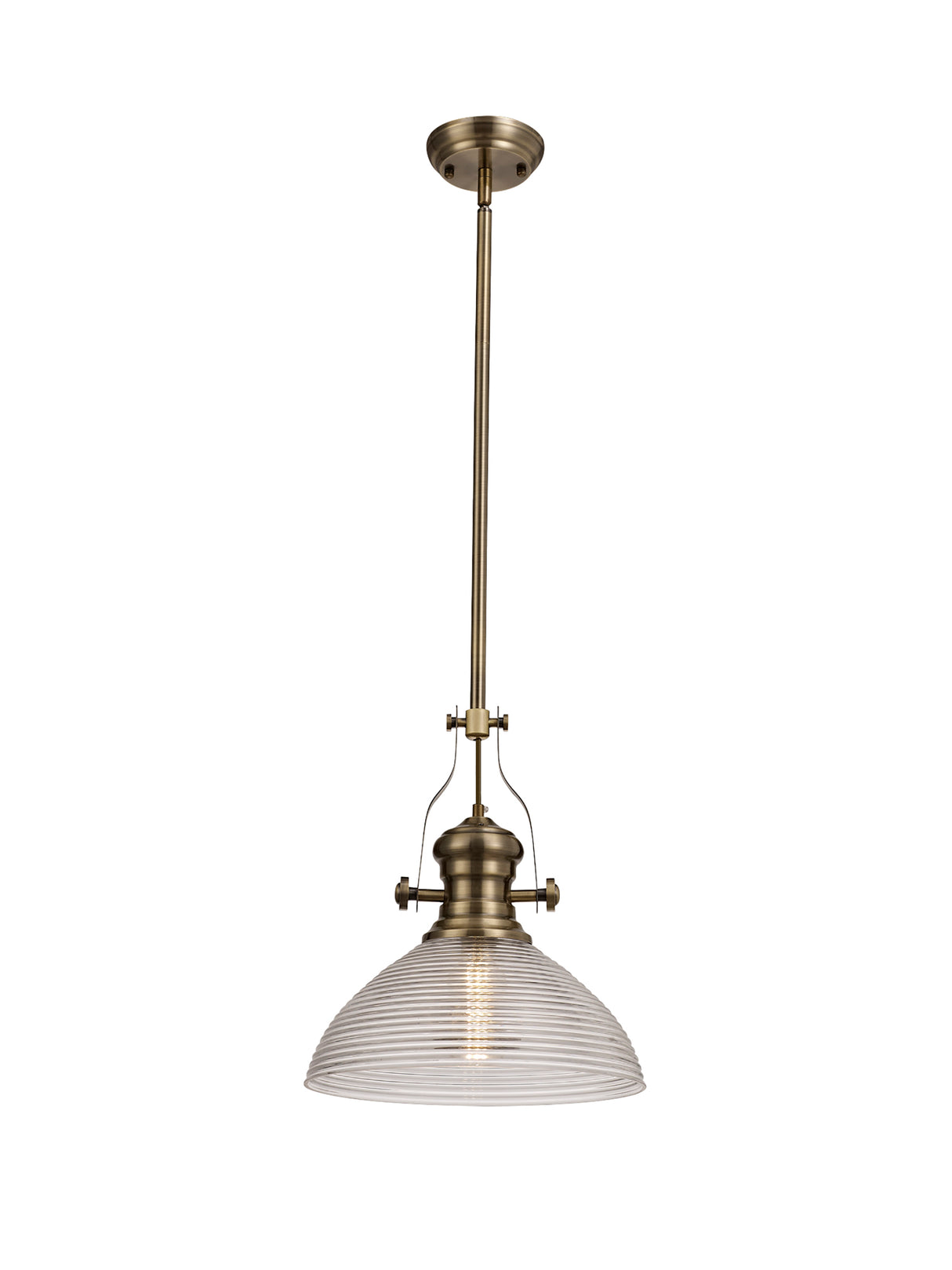 Munro 1 Light Pendant E27 With 33.5cm Prismatic Glass Shade, Antique Brass/Clear