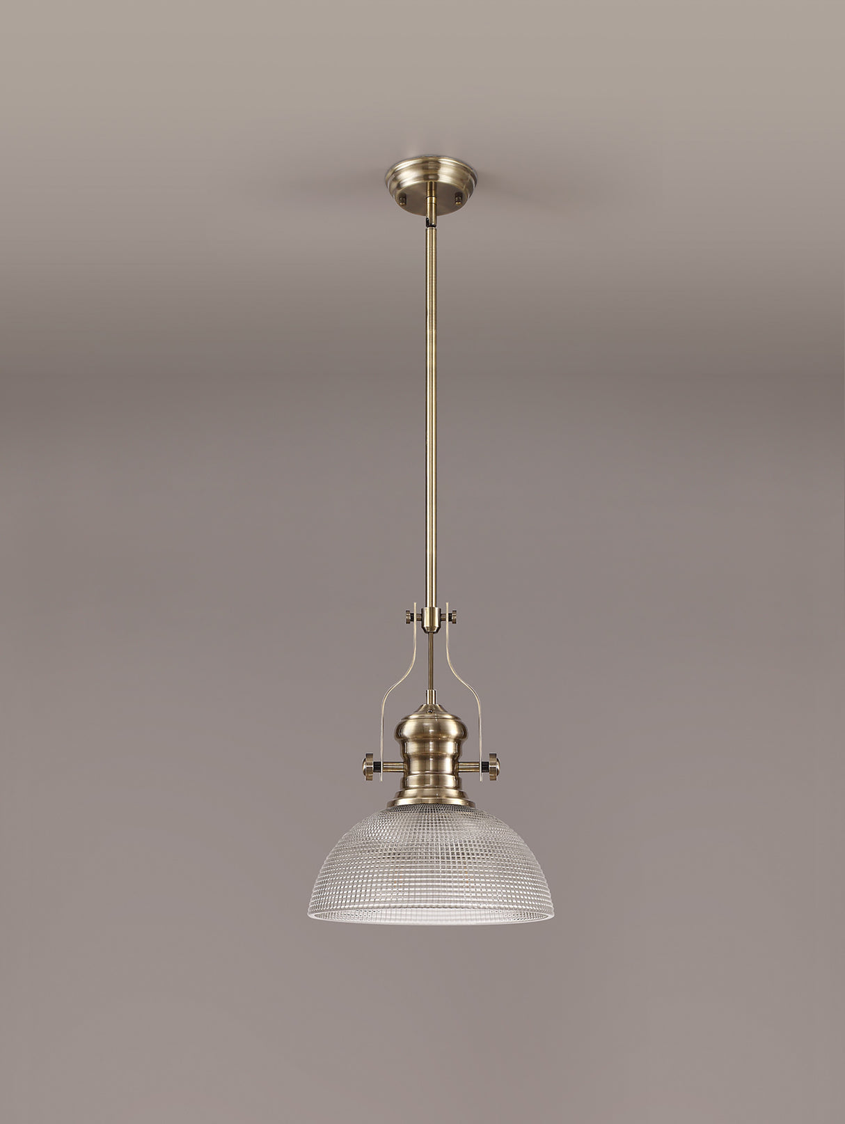 Munro 1 Light Pendant E27 With 30cm Prismatic Glass Shade, Antique Brass/Clear