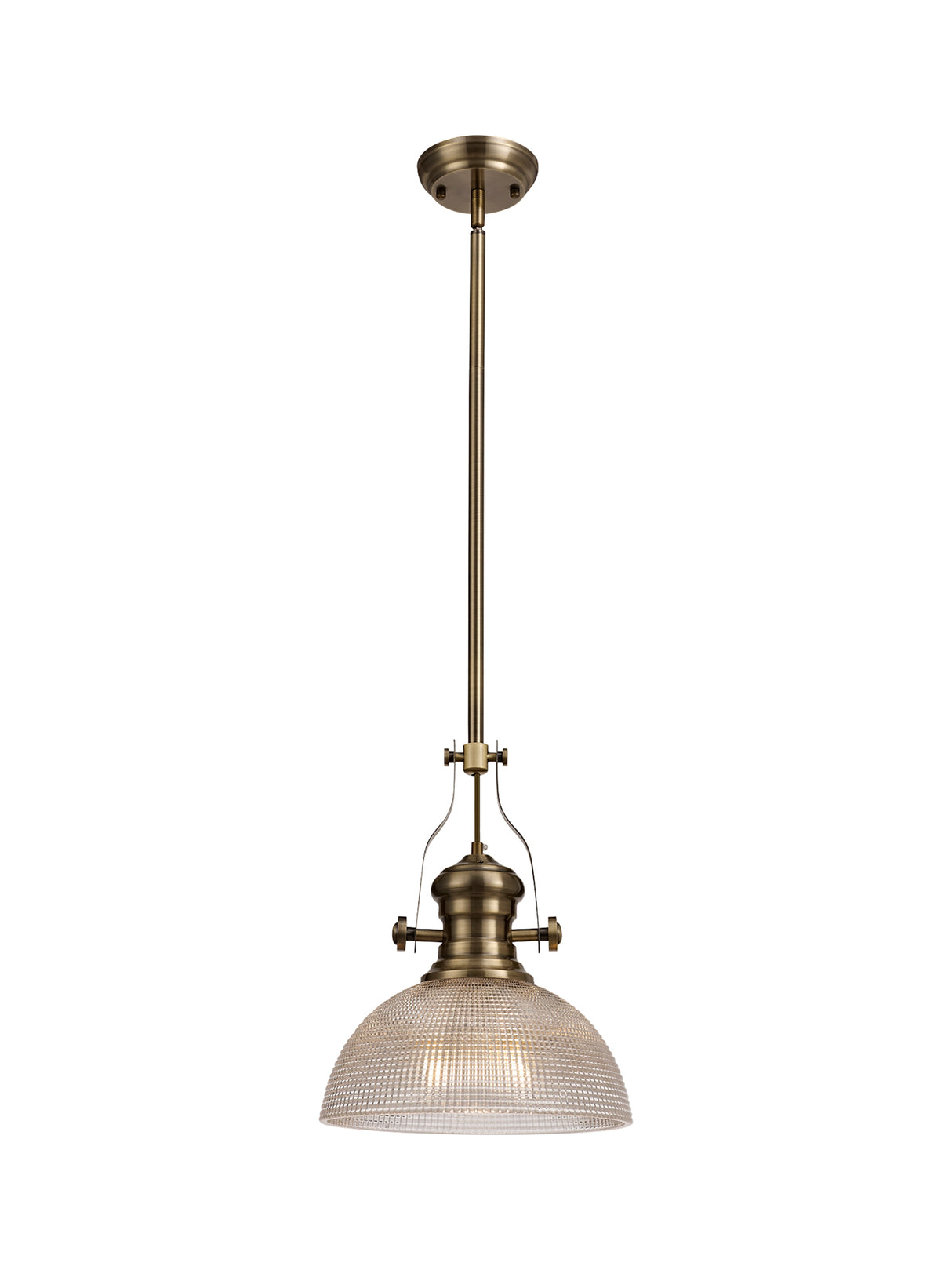 Munro 1 Light Pendant E27 With 30cm Prismatic Glass Shade, Antique Brass/Clear