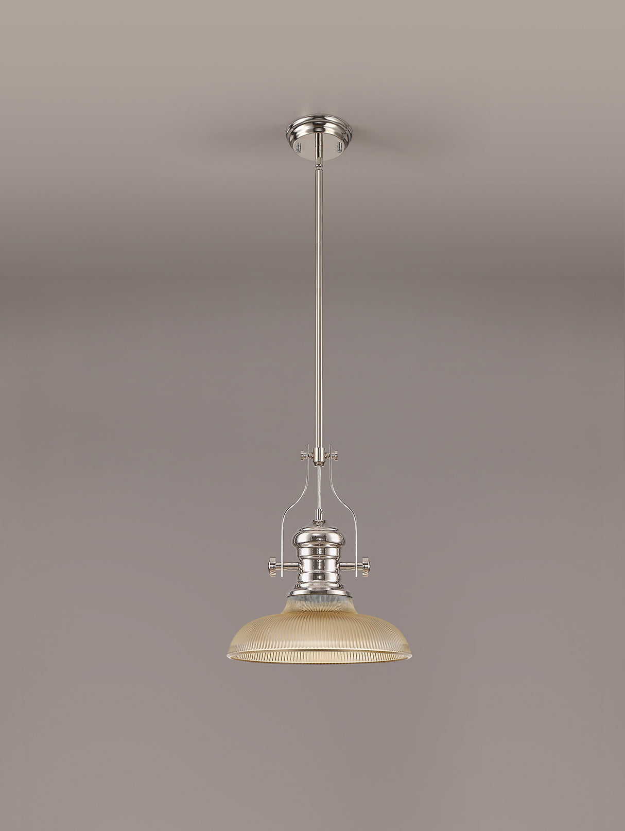 Munro 1 Light Pendant E27 With 30cm Round Glass Shade, Polished Nickel/Amber